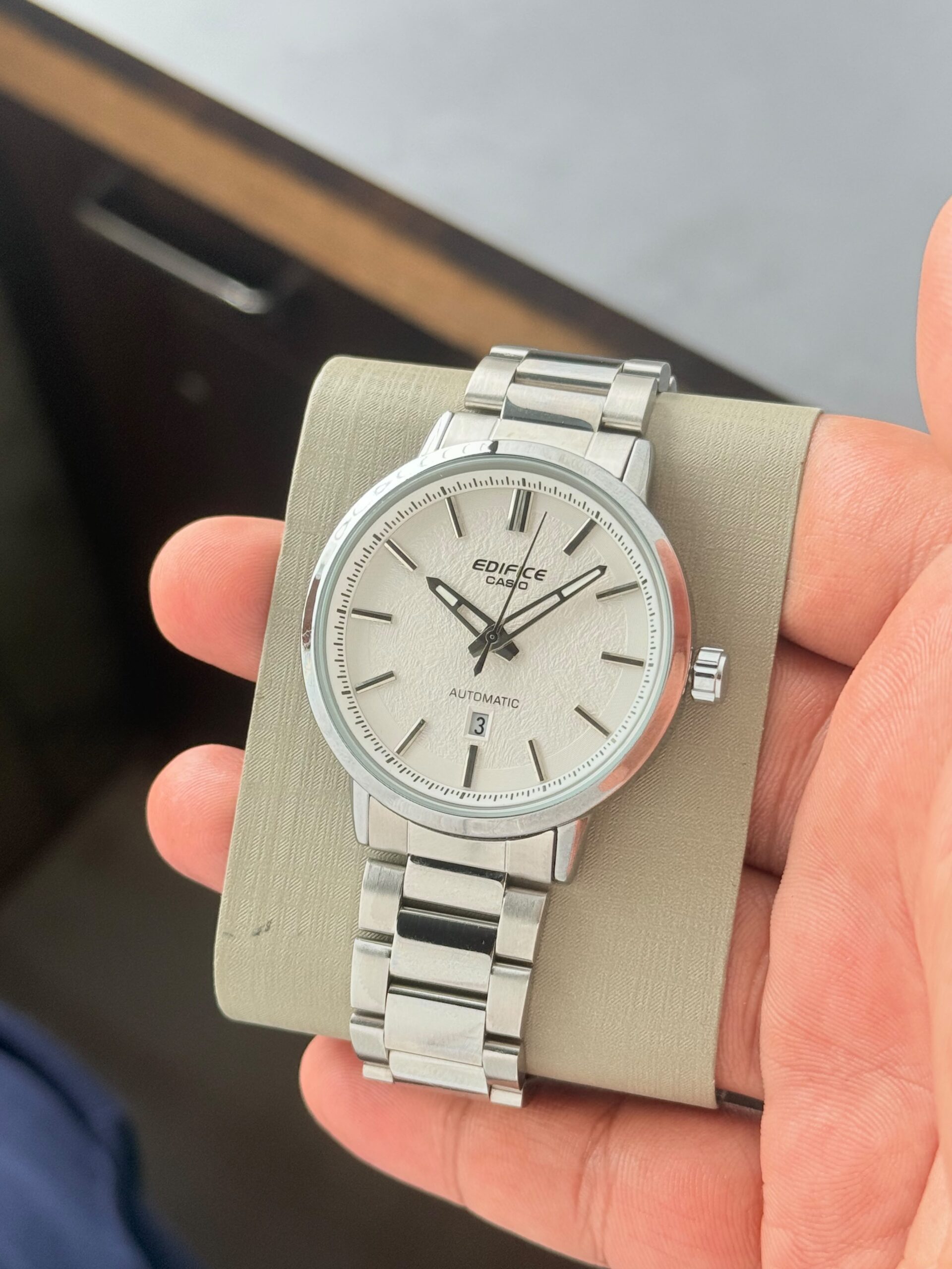 Casio Edifice EFK Series 7AA Premium Automatic Style Men's Watch White Dial 3 Casio Edifice EFK Series white dial pillow display