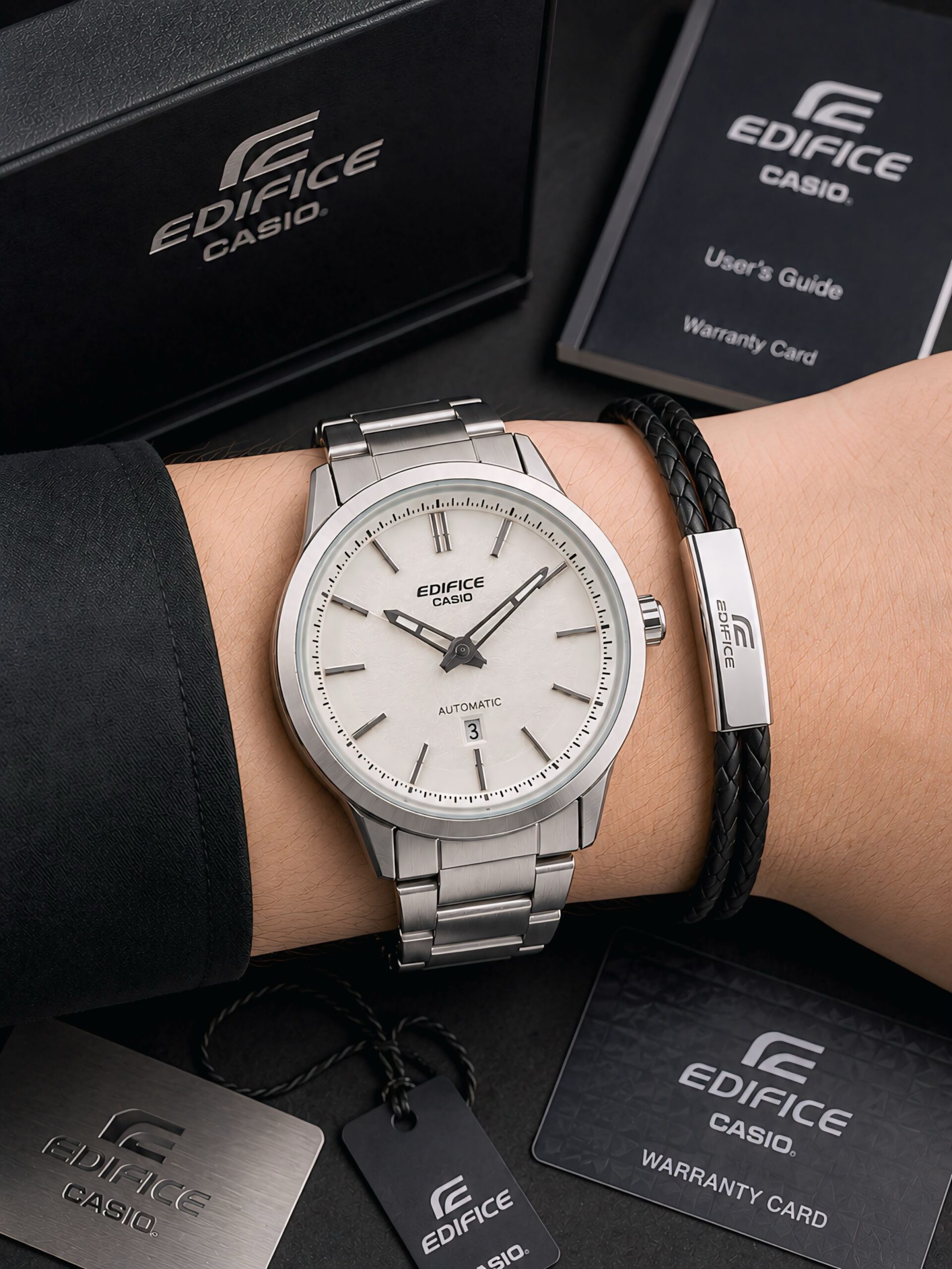 Casio Edifice EFK Series 7AA Premium Automatic Style Men's Watch White Dial 5 Casio Edifice EFK Series automatic white dial watch on wrist