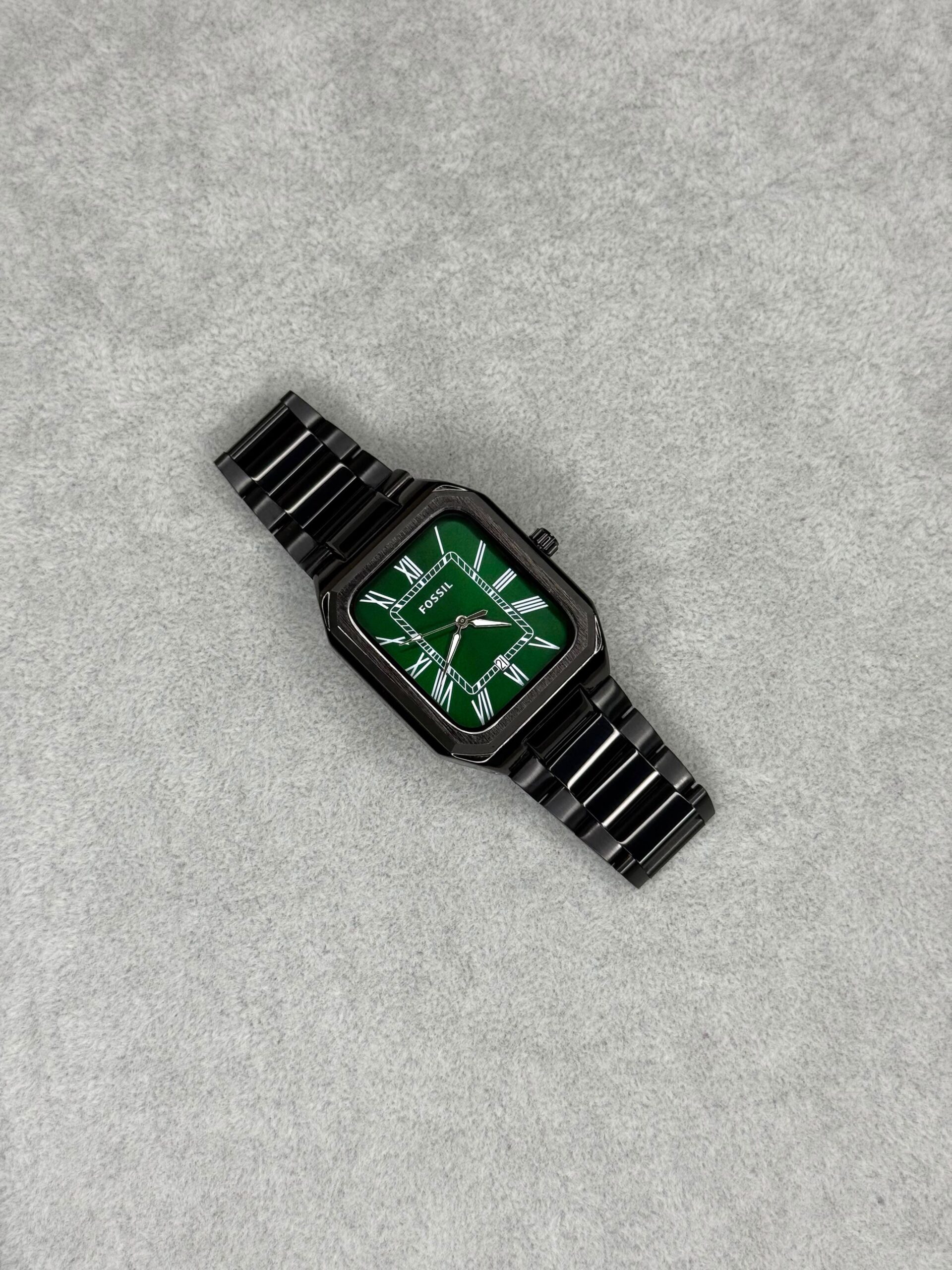 Fossil Crosby 7A Quartz Men's Watch Green Dial Black Stainless Steel Bracelet 3 Fossil Crosby 7A green dial flat lay watch