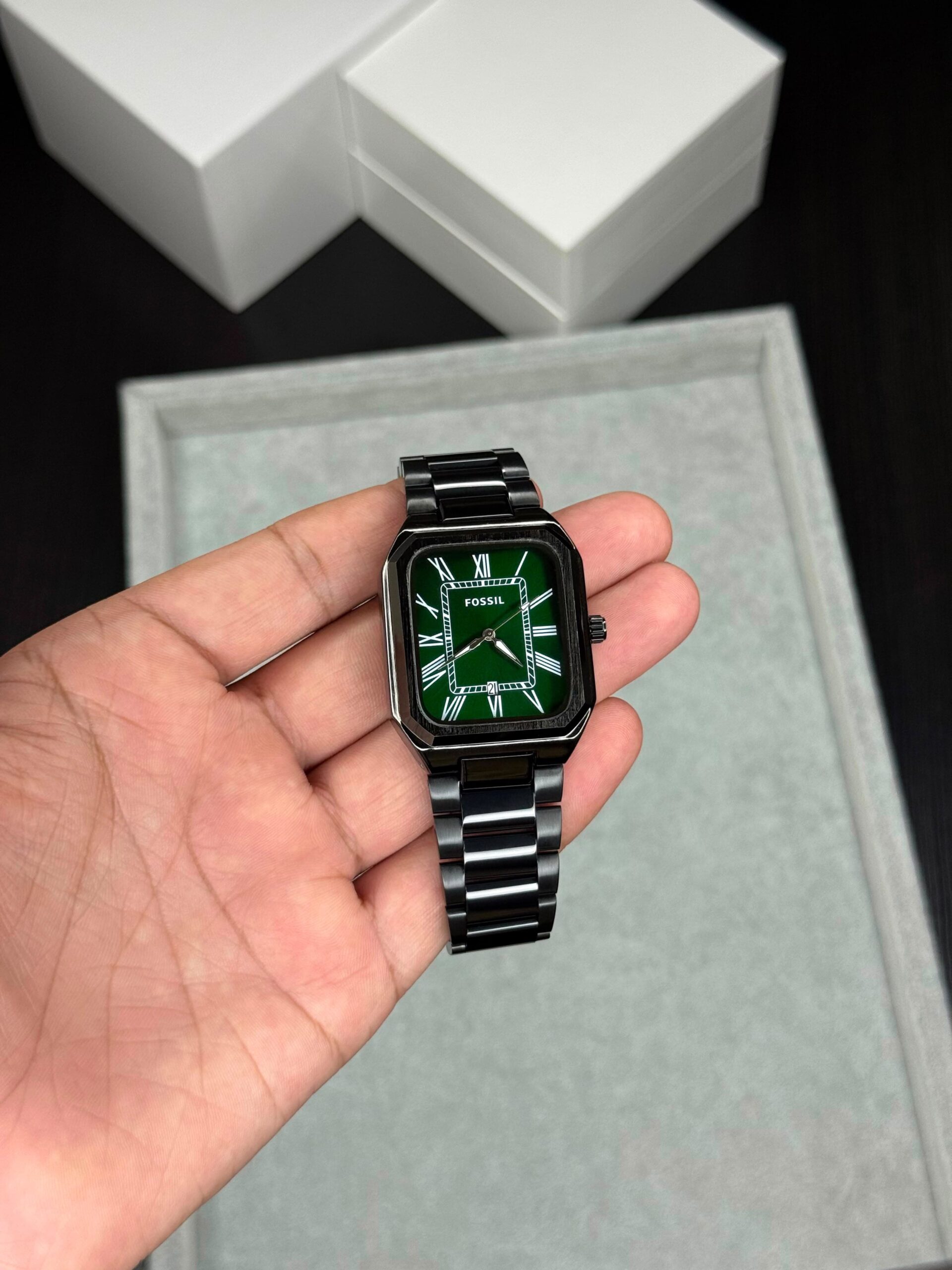 Fossil Crosby 7A Quartz Men's Watch Green Dial Black Stainless Steel Bracelet 2 Fossil Crosby quartz green dial front view