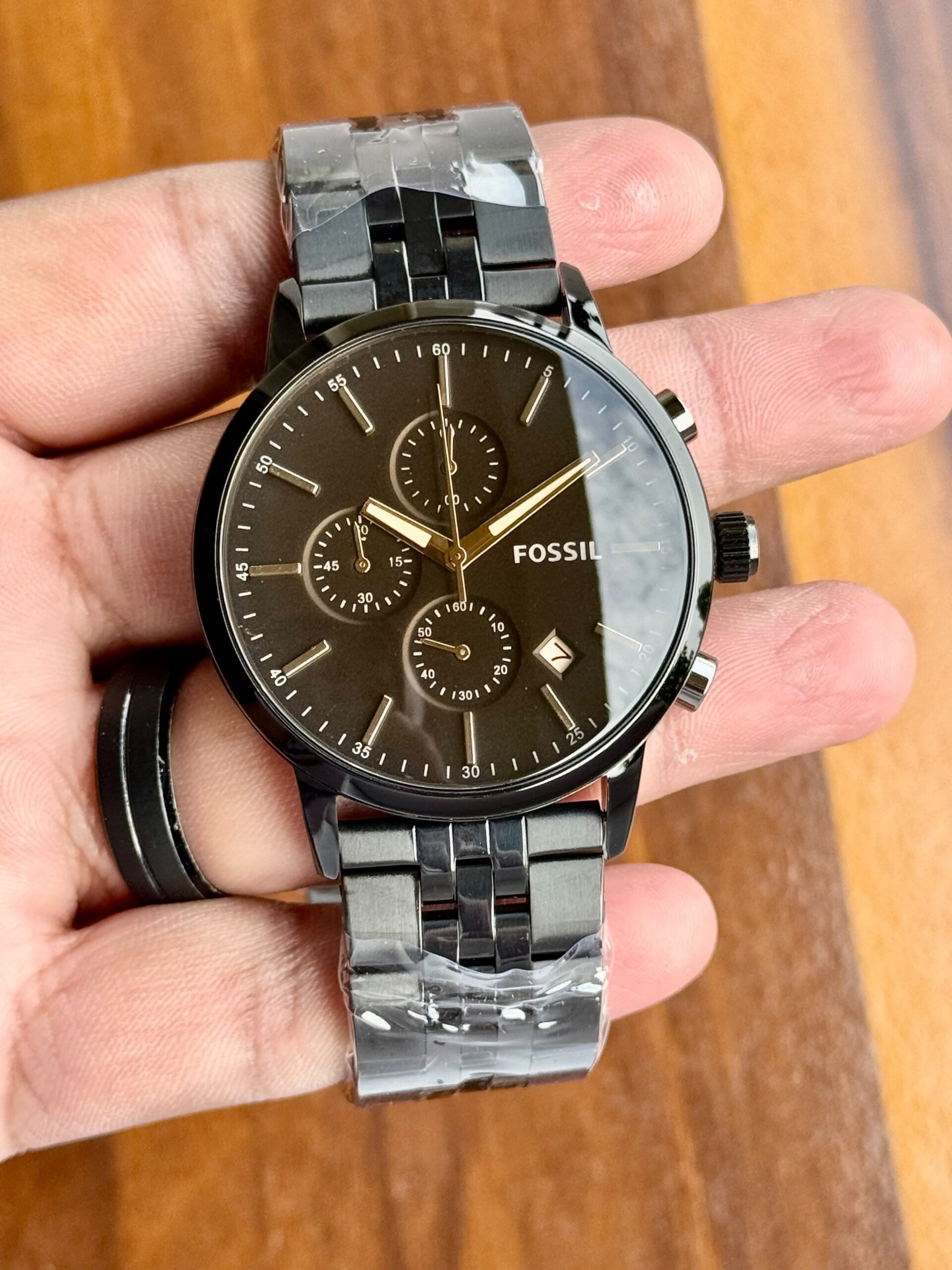Fossil Luther 7A Quartz Men's Chronograph Watch Stainless Steel Bracelet 8 Fossil Luther 7A quartz men's watch black case brown dial front view