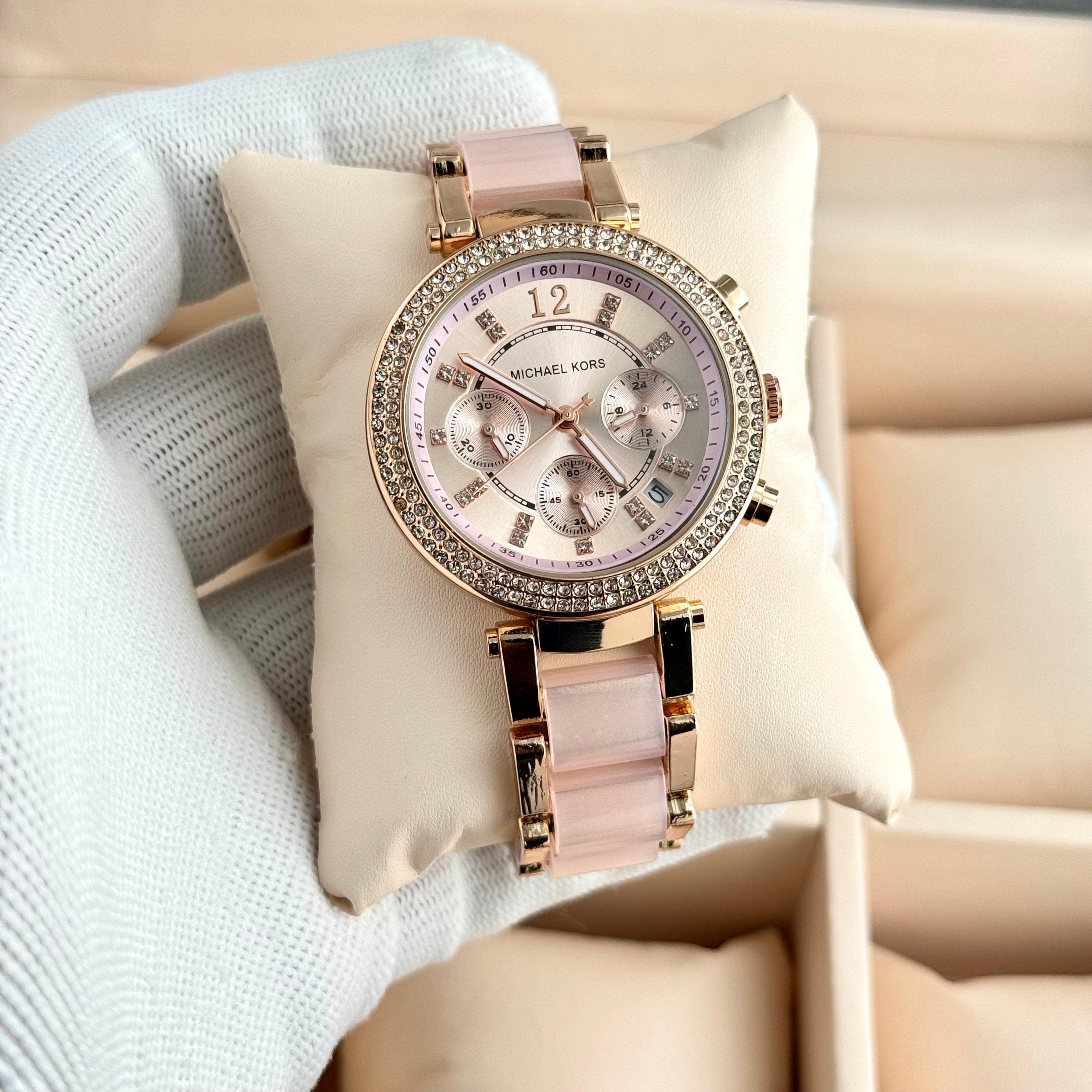 Michael Kors Parker 7AA Premium Quartz Chronograph Women's Watch – Rose Gold Pink Acrylic Strap 2 Michael Kors Parker Women's Watch Side Angle