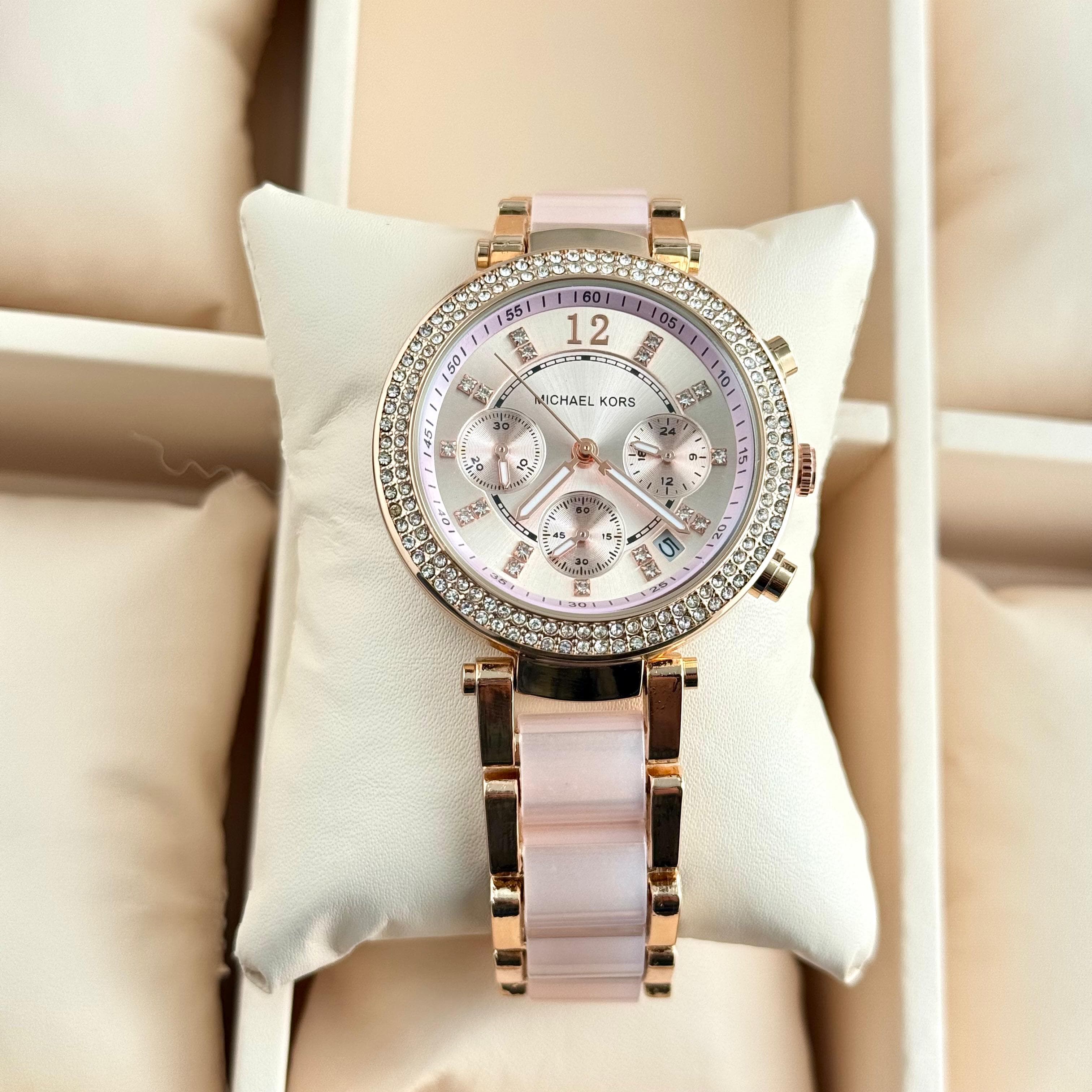 Michael Kors Parker 7AA Premium Quartz Chronograph Women's Watch – Rose Gold Pink Acrylic Strap 4 Michael Kors Parker Rose Gold Dial Women's Watch