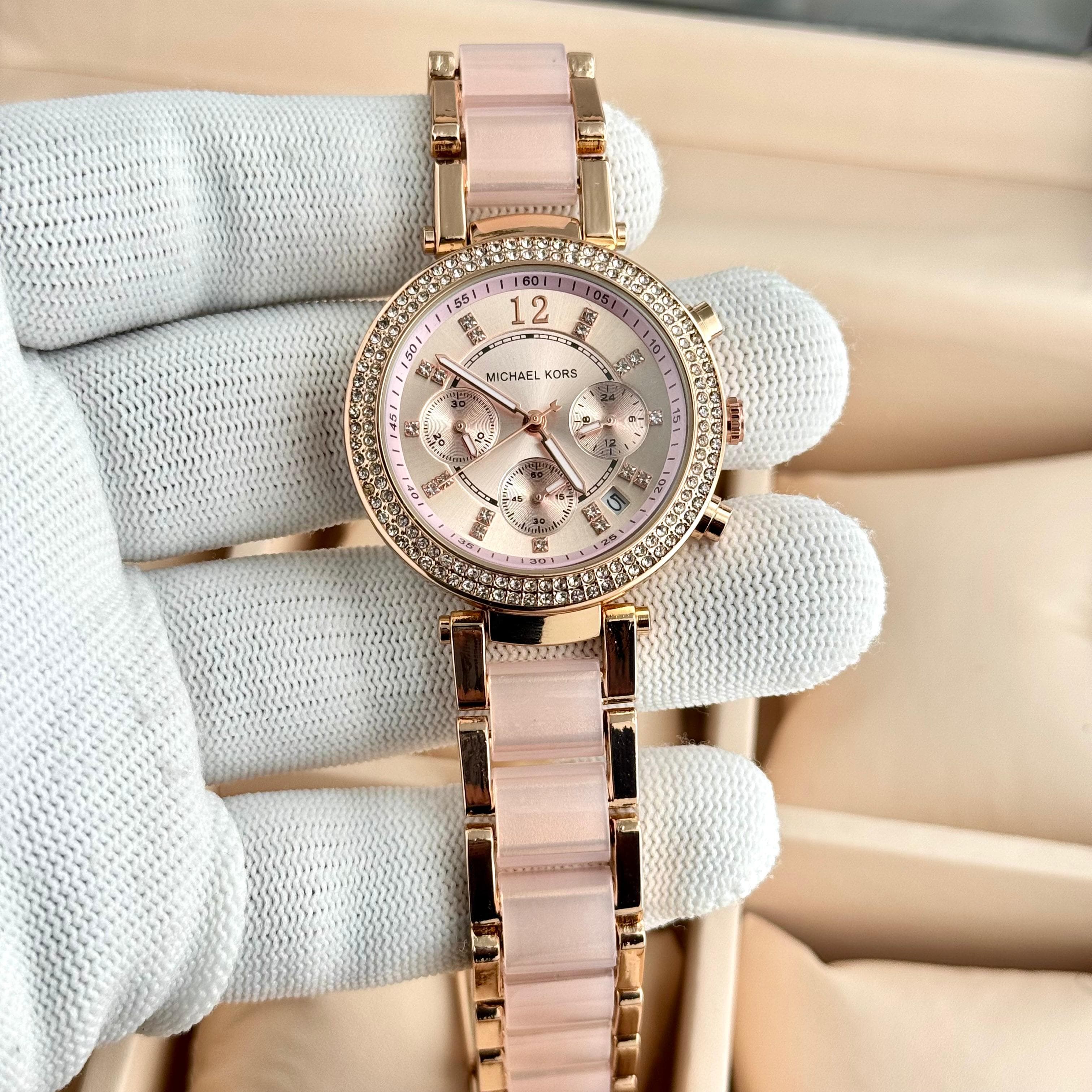 Michael Kors Parker 7AA Premium Quartz Chronograph Women's Watch – Rose Gold Pink Acrylic Strap 3 Michael Kors Parker Chronograph Women's Watch