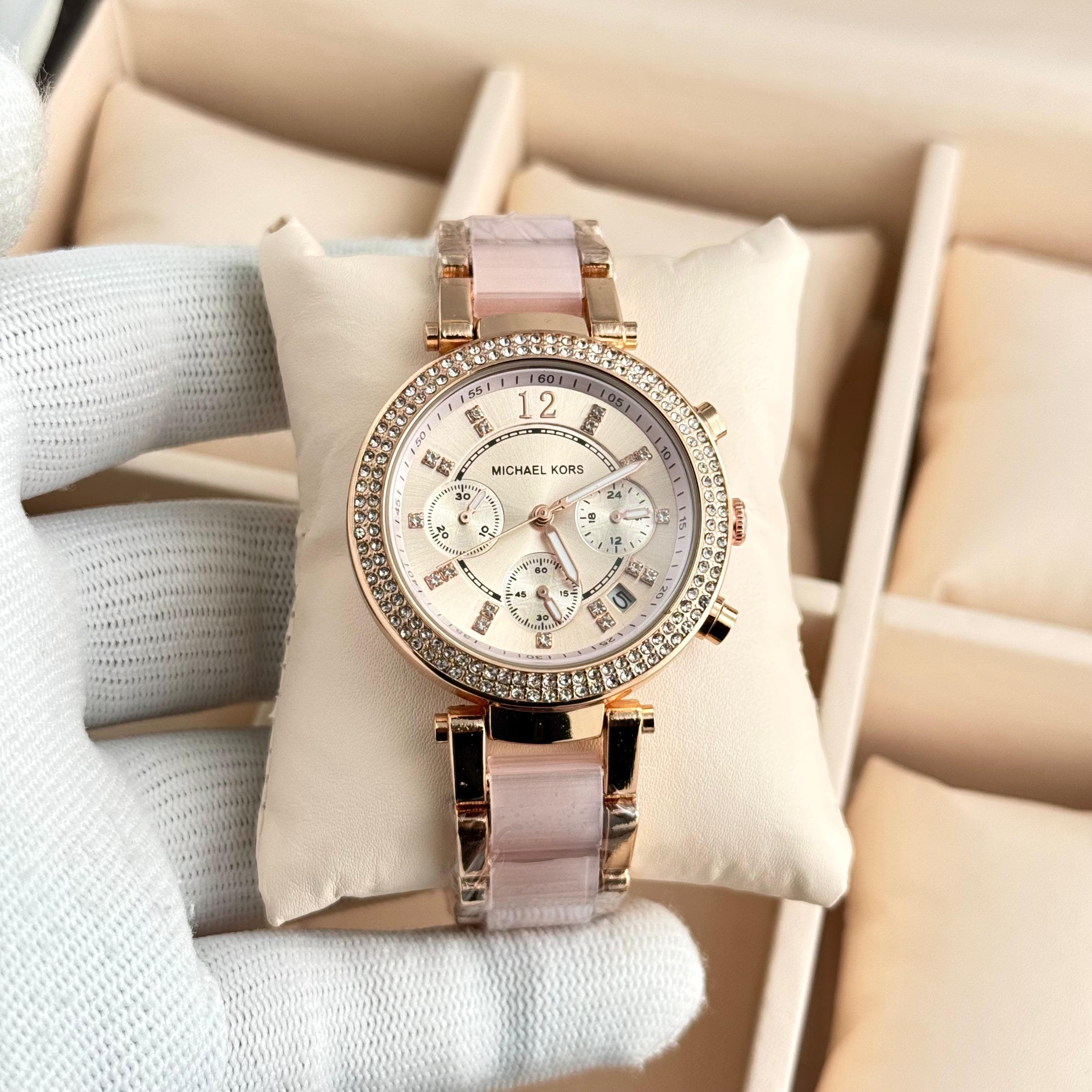 Michael Kors Parker 7AA Premium Quartz Chronograph Women's Watch – Rose Gold Pink Acrylic Strap 1 Michael Kors Parker 7aa Rose Gold Pink Acrylic Women's Watch