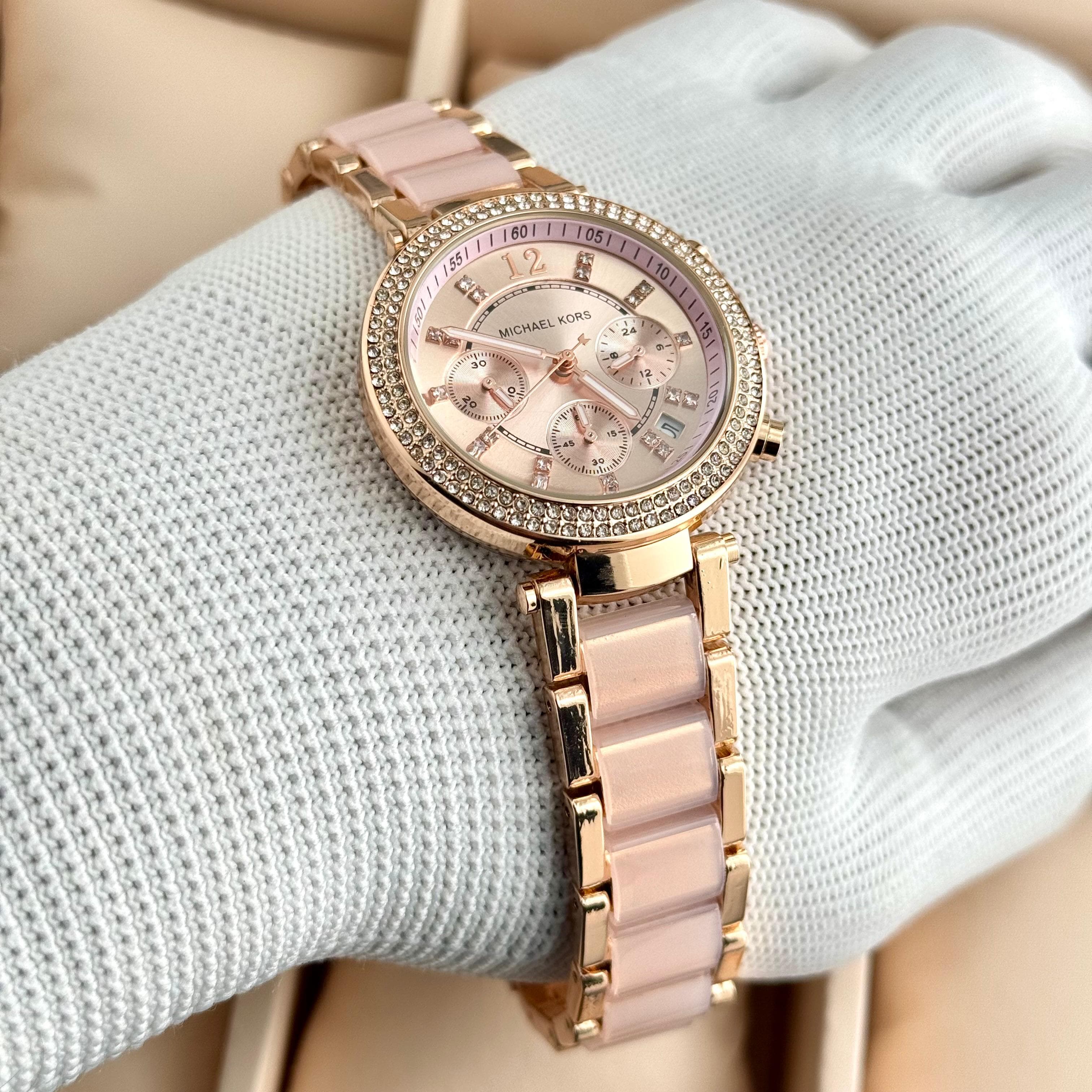 Michael Kors Parker 7AA Premium Quartz Chronograph Women's Watch – Rose Gold Pink Acrylic Strap 5 Michael Kors Parker Women's Watch Luxury Style