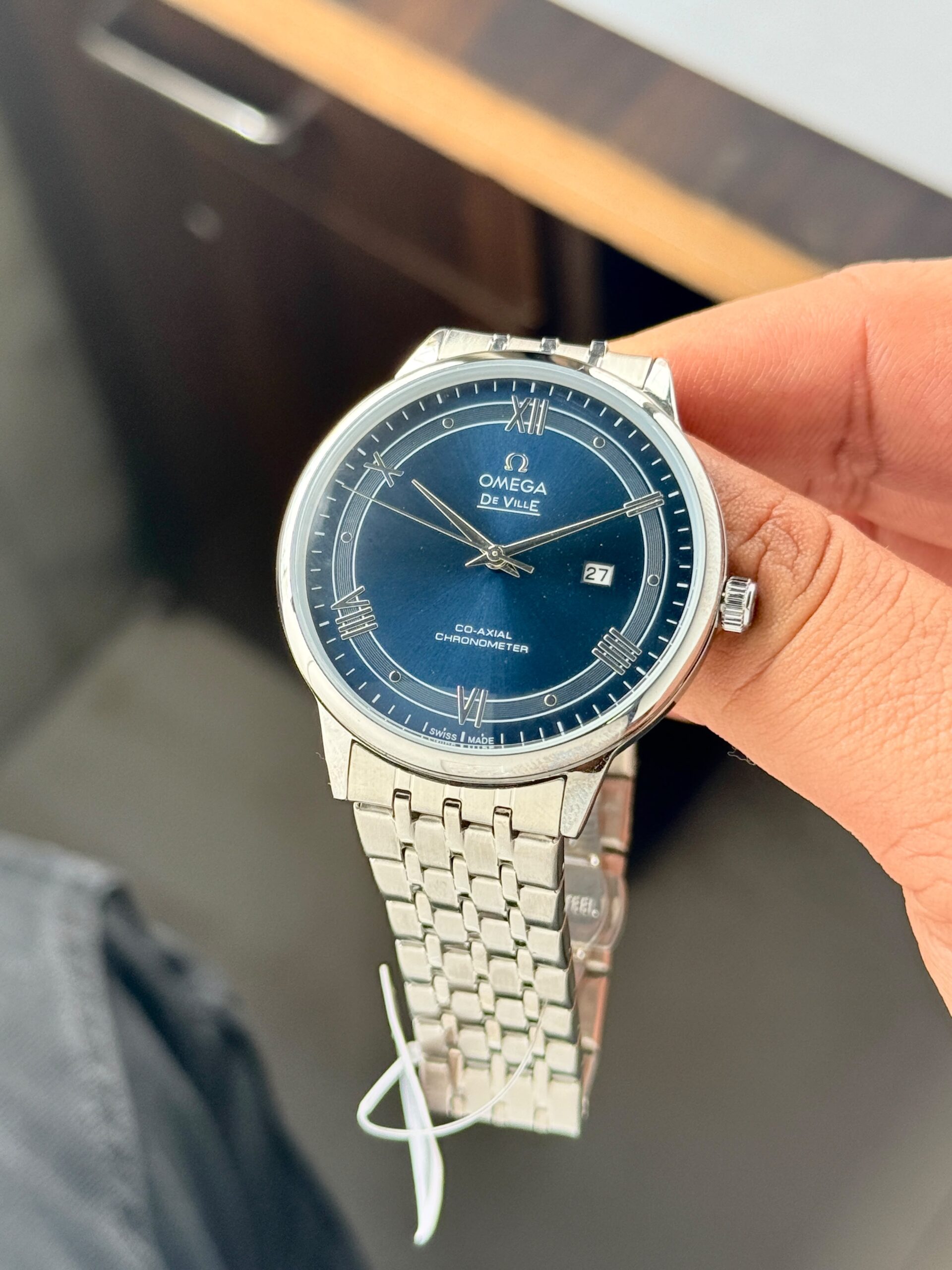 Omega De Ville 7AA Quartz Men's Watch Blue/Silver Dial Silver Stainless Steel Bracelet 3 Omega De Ville Blue Dial Roman Numeral Quartz Watch Close Up