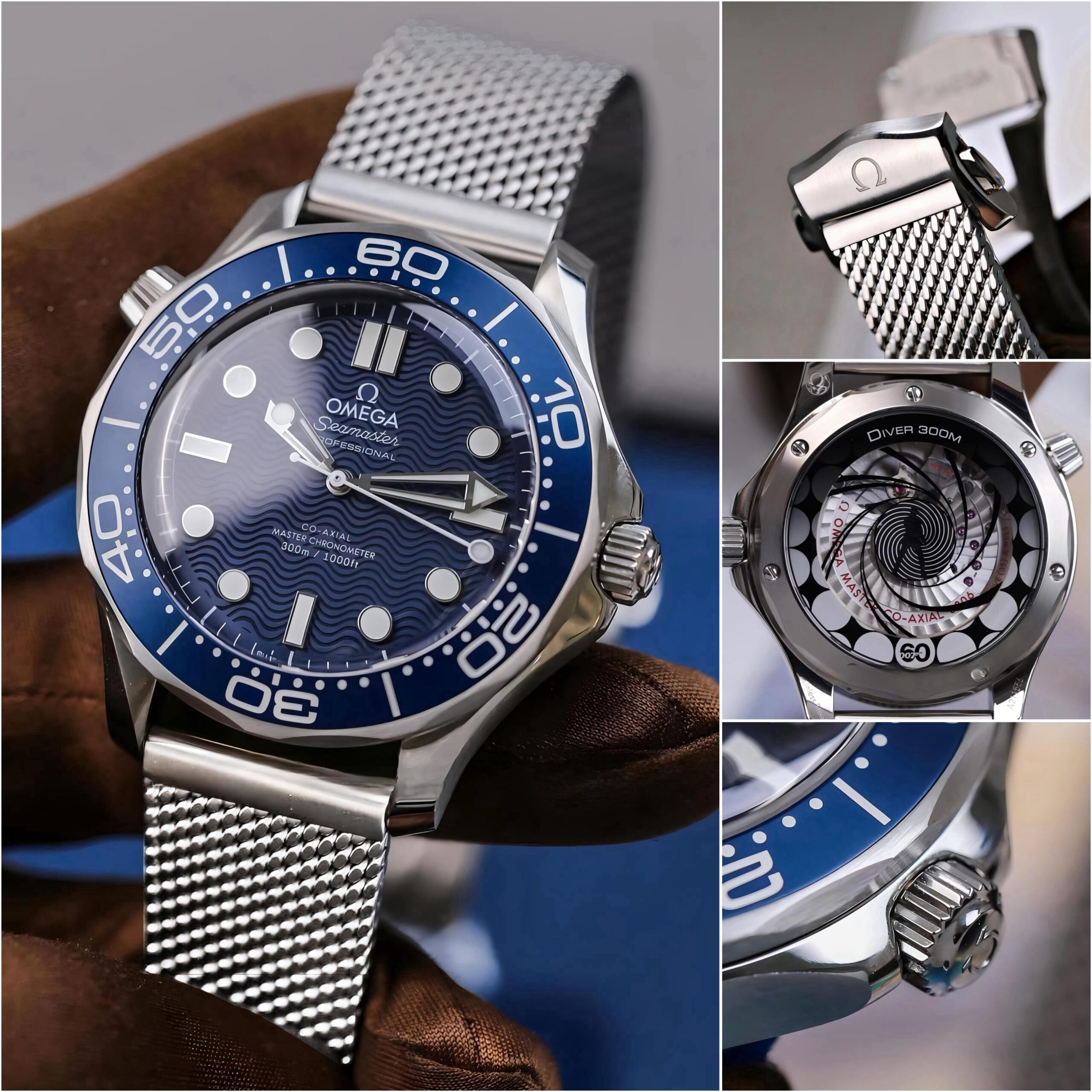 Omega Seamaster Diver 300M James Bond 60th Anniversary 7AA Automatic Men's Watch 2 Omega Seamaster Diver 300M blue dial detail and caseback