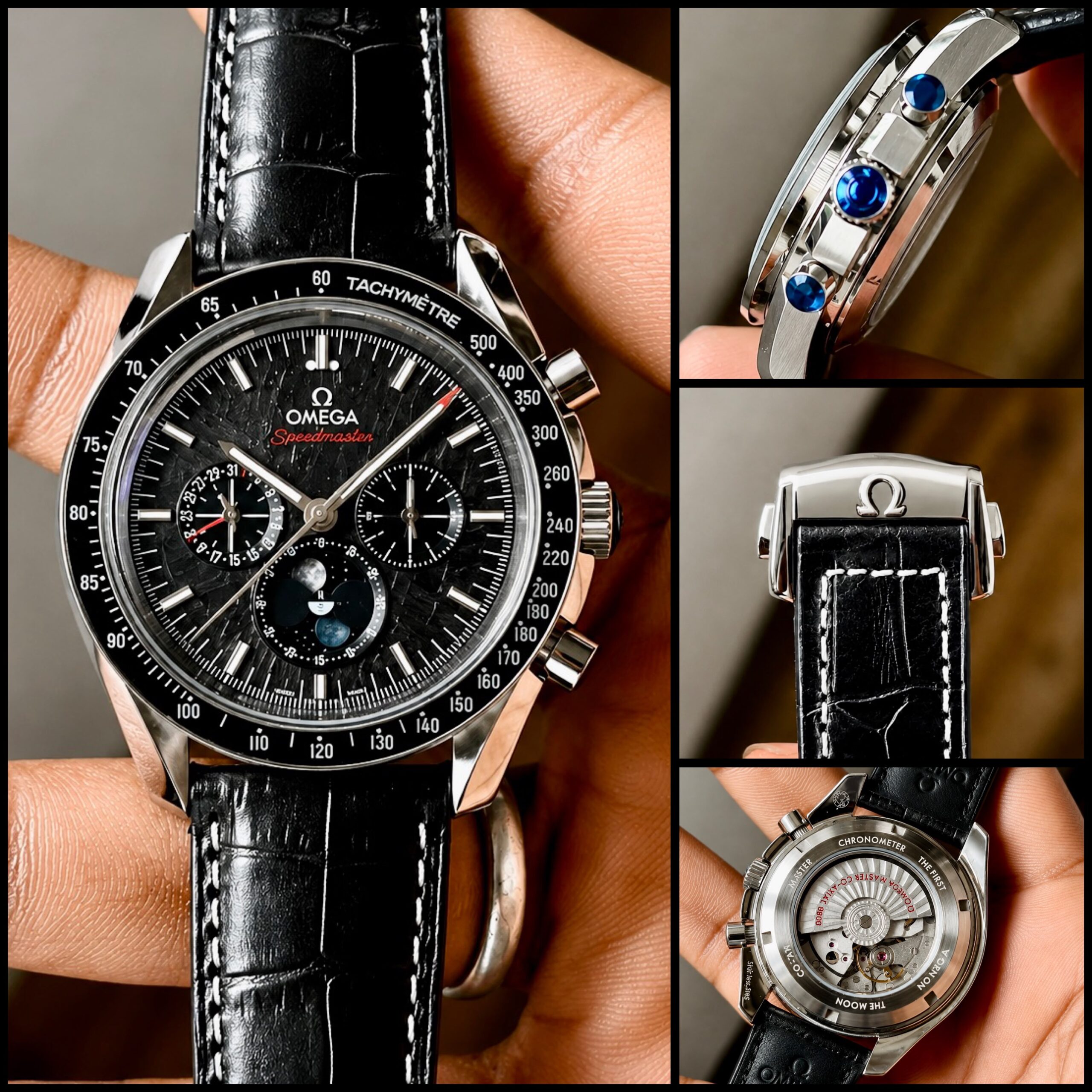 Omega Speedmaster Moonphase Automatic Men's Watch Black Meteorite Dial 4 Omega Speedmaster Moonphase detailed multi angle view with caseback