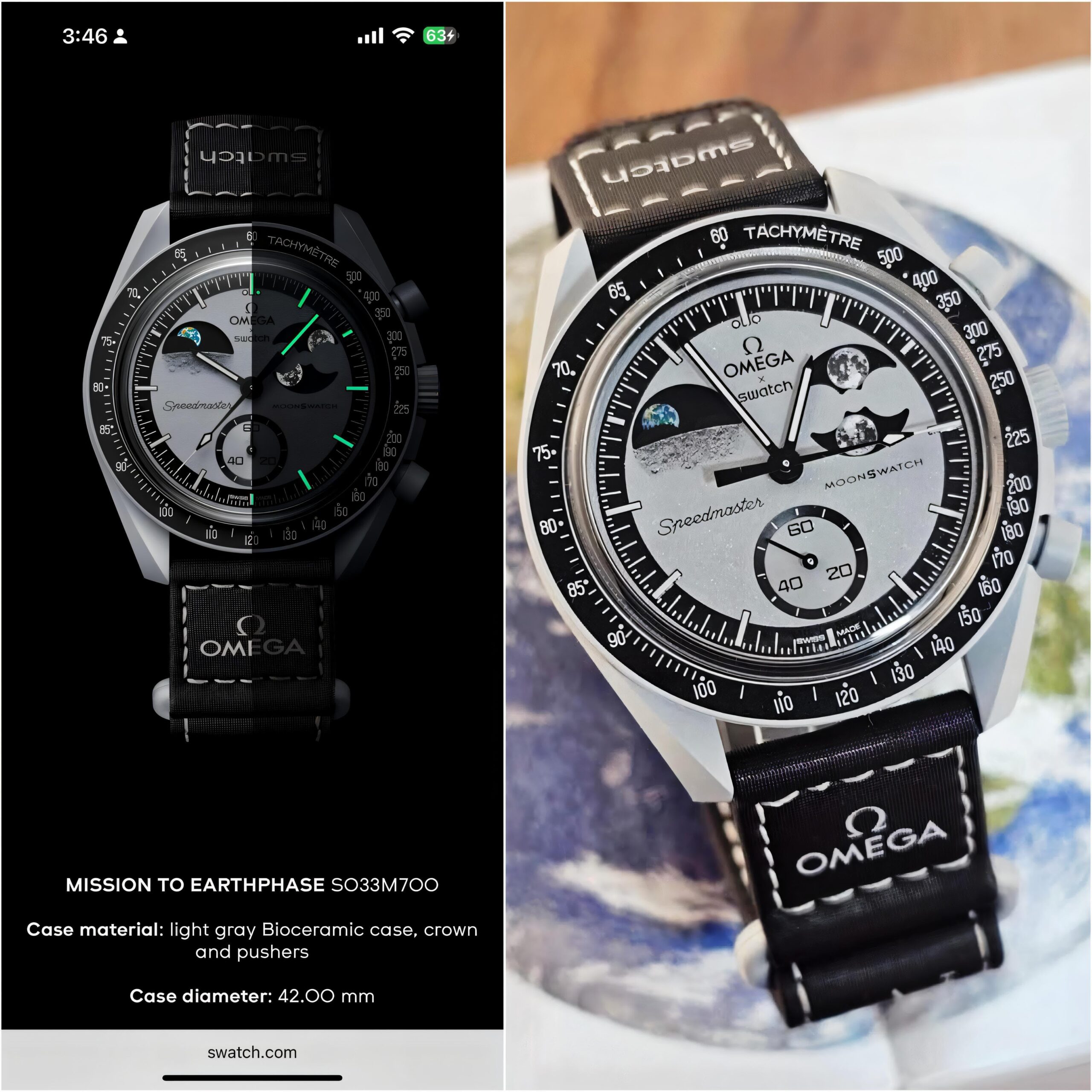 Omega x Swatch Speedmaster MoonSwatch Mission to the EarthPhase 7AA Premium Men's Watch 4 Omega x Swatch Mission to the EarthPhase lume and comparison