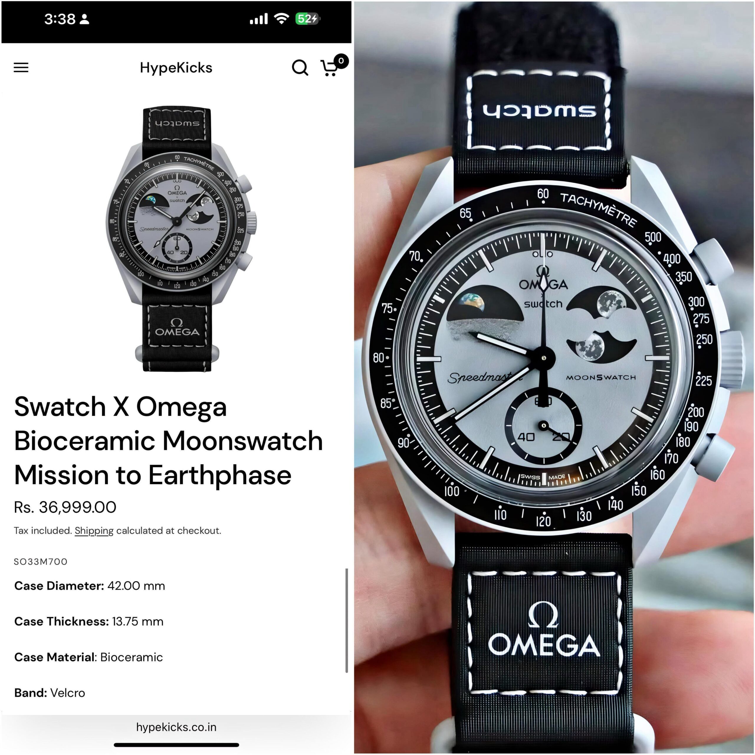 Omega x Swatch Speedmaster MoonSwatch Mission to the EarthPhase 7AA Premium Men's Watch 3 Comparison image showing the Omega x Swatch Mission to the EarthPhase design alongside the original reference for dial layout, case and strap styling.