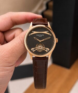 Patek Philippe Tourbillon Automatic Black Dial Brown Leather Strap Watch