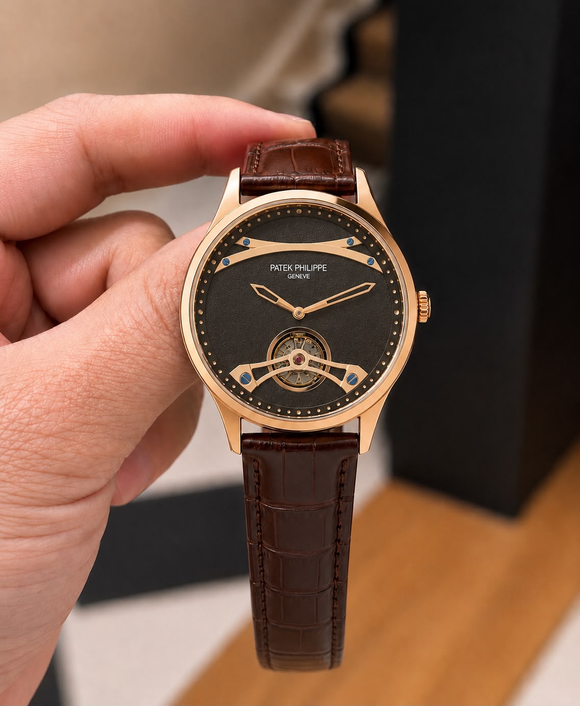 Patek Philippe Tourbillon 7AA Automatic Men's Leather Strap Watch 1 Patek Philippe Tourbillon Automatic Black Dial Brown Leather Strap Watch