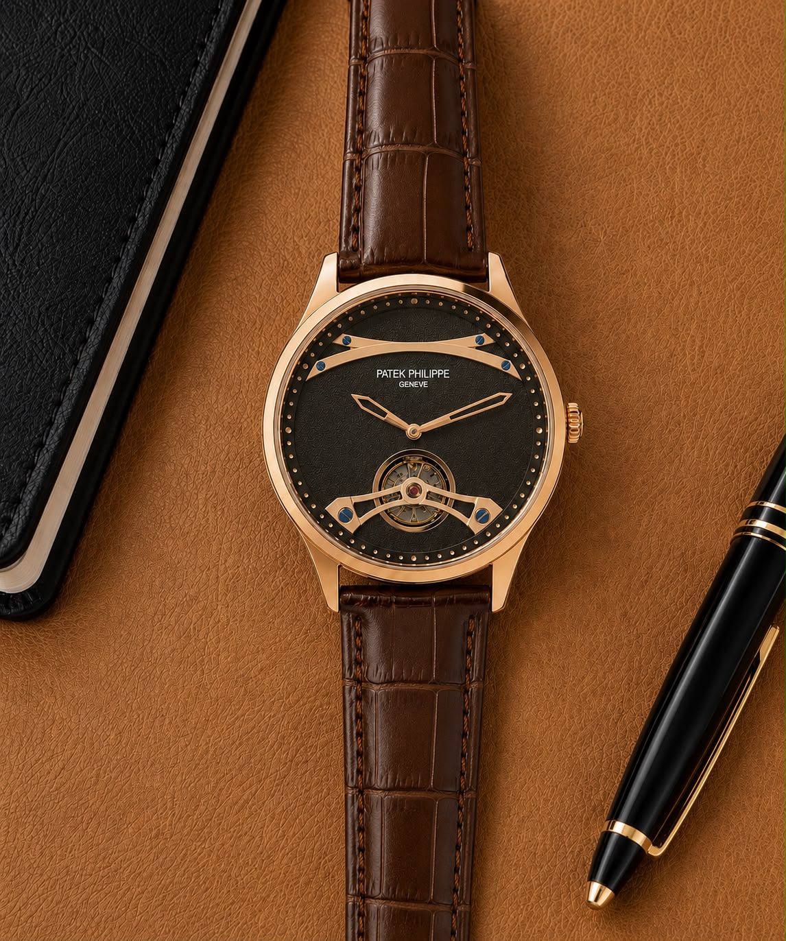 Patek Philippe Tourbillon 7AA Automatic Men's Leather Strap Watch 2 Patek Philippe Tourbillon Luxury Watch Flat Lay