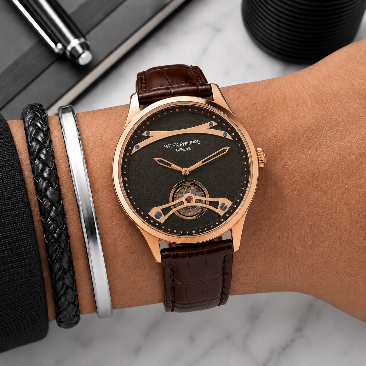 Patek Philippe Tourbillon 7AA Automatic Men's Leather Strap Watch 3 Patek Philippe Tourbillon Brown Leather Strap Wrist Shot