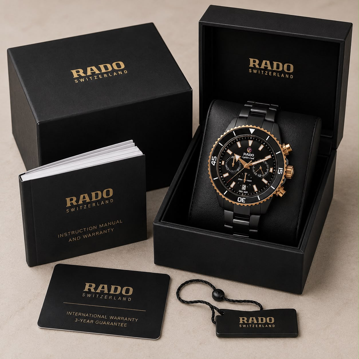RADO Captain Cook High-Tech Ceramic Chronograph 7AA Quartz Men's Watch 9 RADO Captain Cook Premium Brand Box