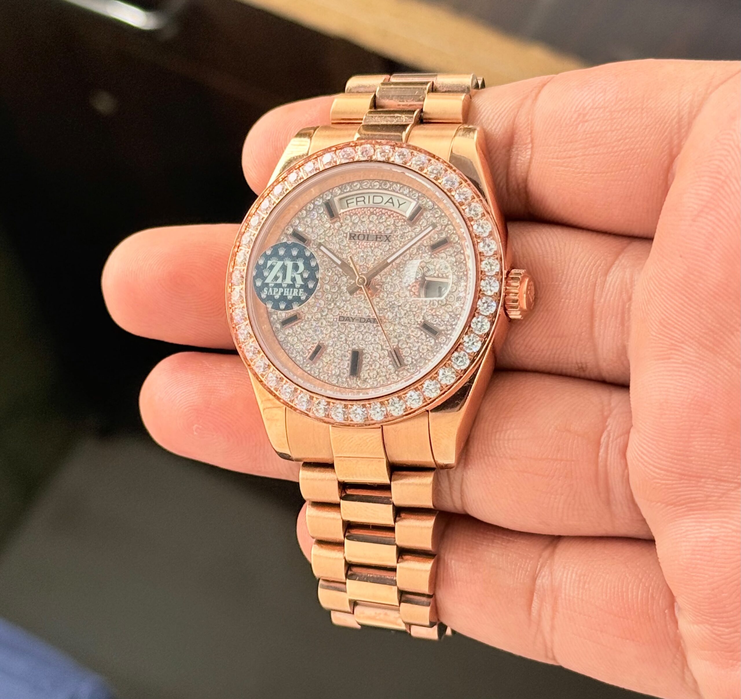 Rolex Oyster Perpetual Day-Date Diamond Dial Rose Gold Men's Watch | 40mm 4 Rolex Day-Date Rose Gold Angle View