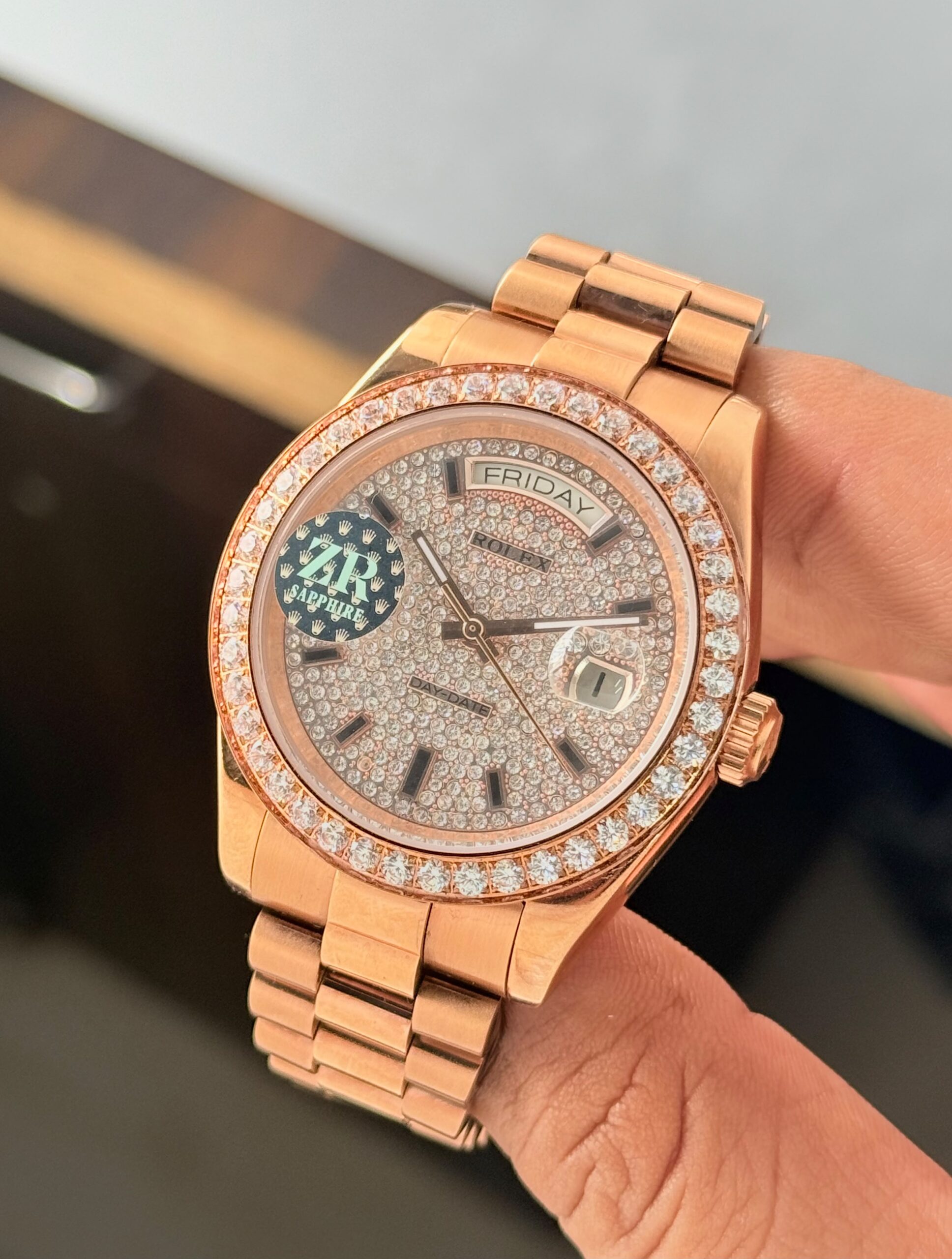 Rolex Oyster Perpetual Day-Date Diamond Dial Rose Gold Men's Watch | 40mm 2 Rolex Day-Date Diamond Dial Close Up