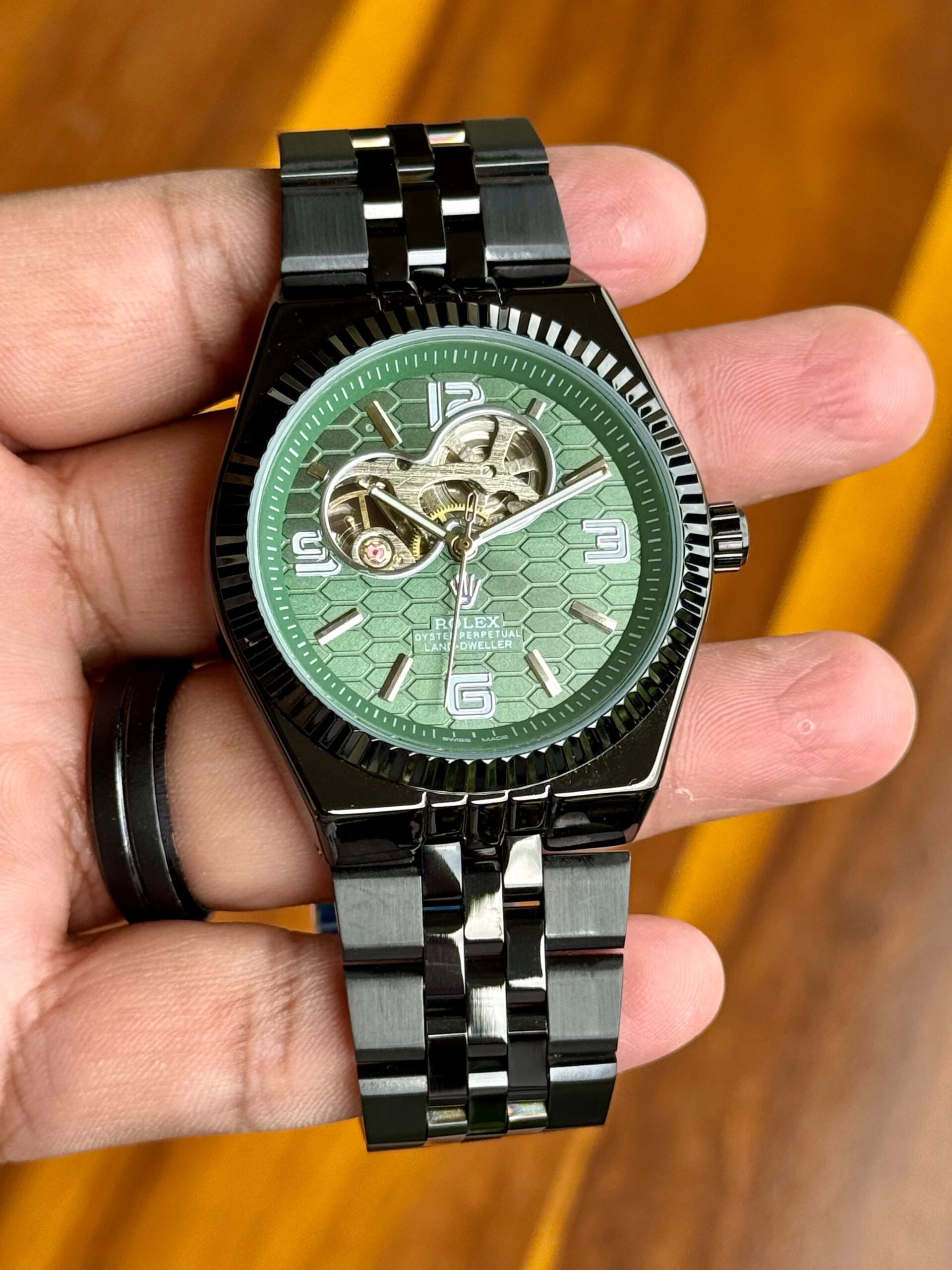 Rolex Land-Dweller 7AA Automatic Oyster Perpetual Men's Watch Open Heart Honeycomb Dial 4 Rolex Land-Dweller Green Honeycomb Dial Black Stainless Steel Watch