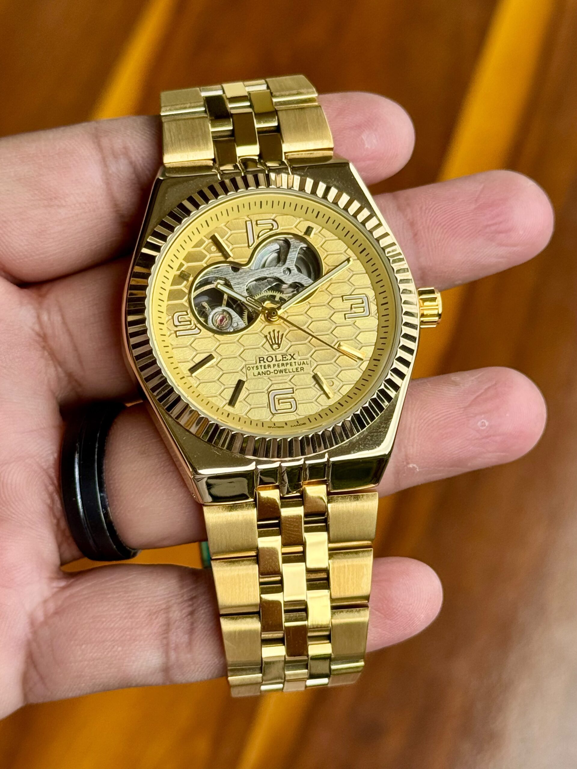 Rolex Land-Dweller 7AA Automatic Oyster Perpetual Men's Watch Open Heart Honeycomb Dial 6 Rolex Land-Dweller Gold Honeycomb Dial Automatic Open Heart Watch