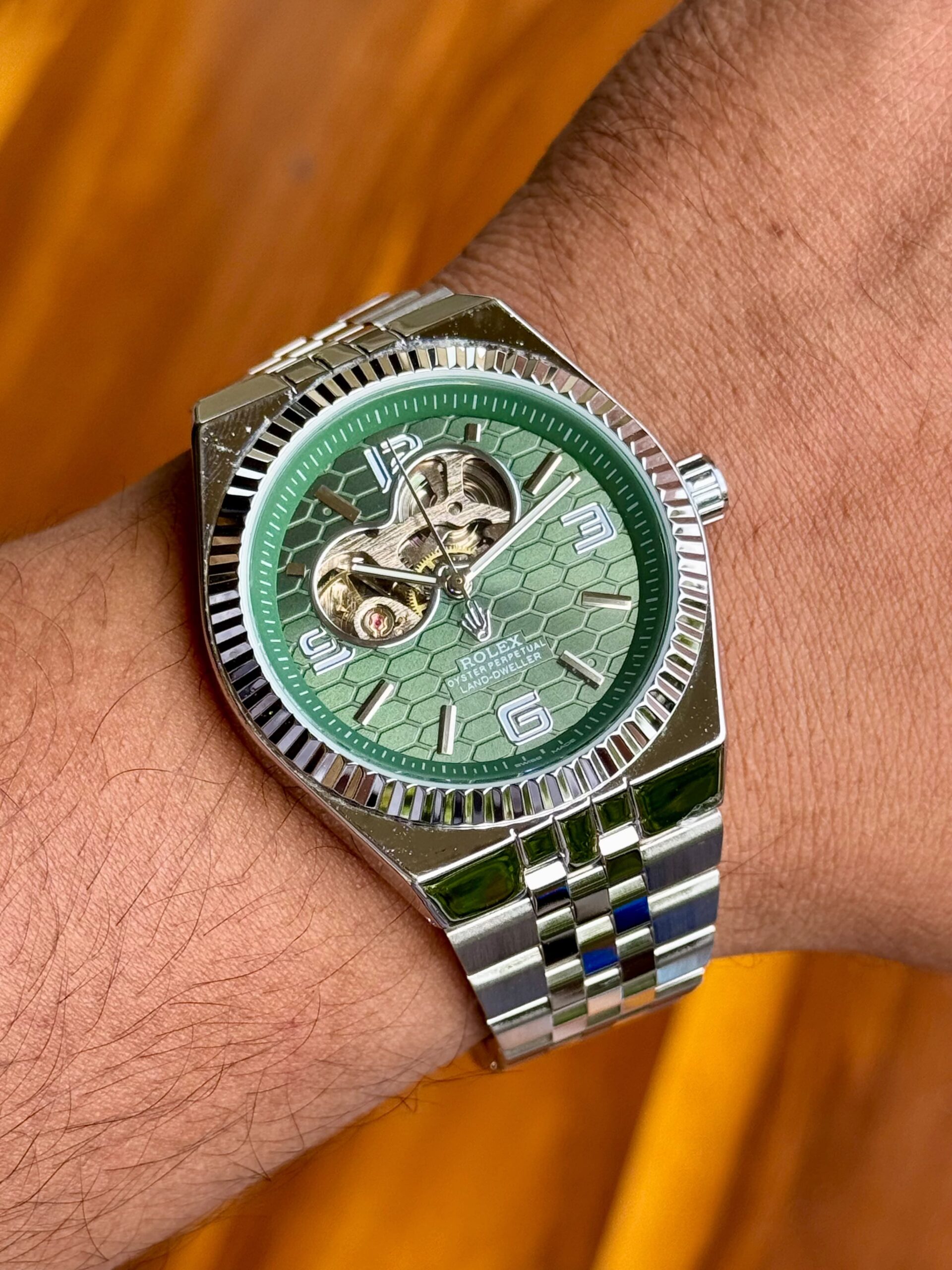 Rolex Land-Dweller 7AA Automatic Oyster Perpetual Men's Watch Open Heart Honeycomb Dial 1 Rolex Land-Dweller 7AA Automatic Green Honeycomb Dial Silver Bracelet Men's Watch
