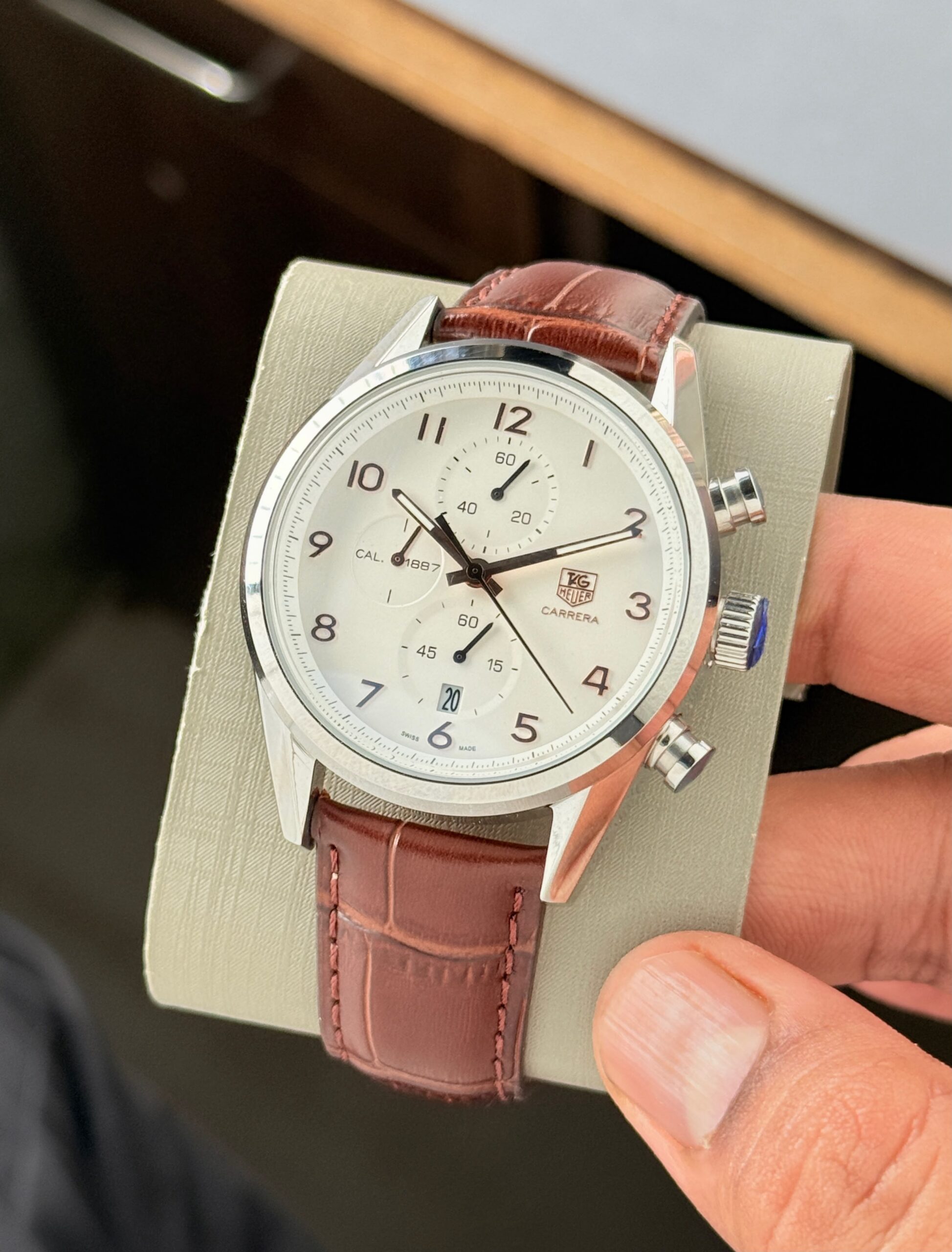 TAG Heuer Carrera Heritage 7AA Quartz Chronograph Men's Leather Strap Watch 2 TAG Heuer Carrera Heritage Side Angle View