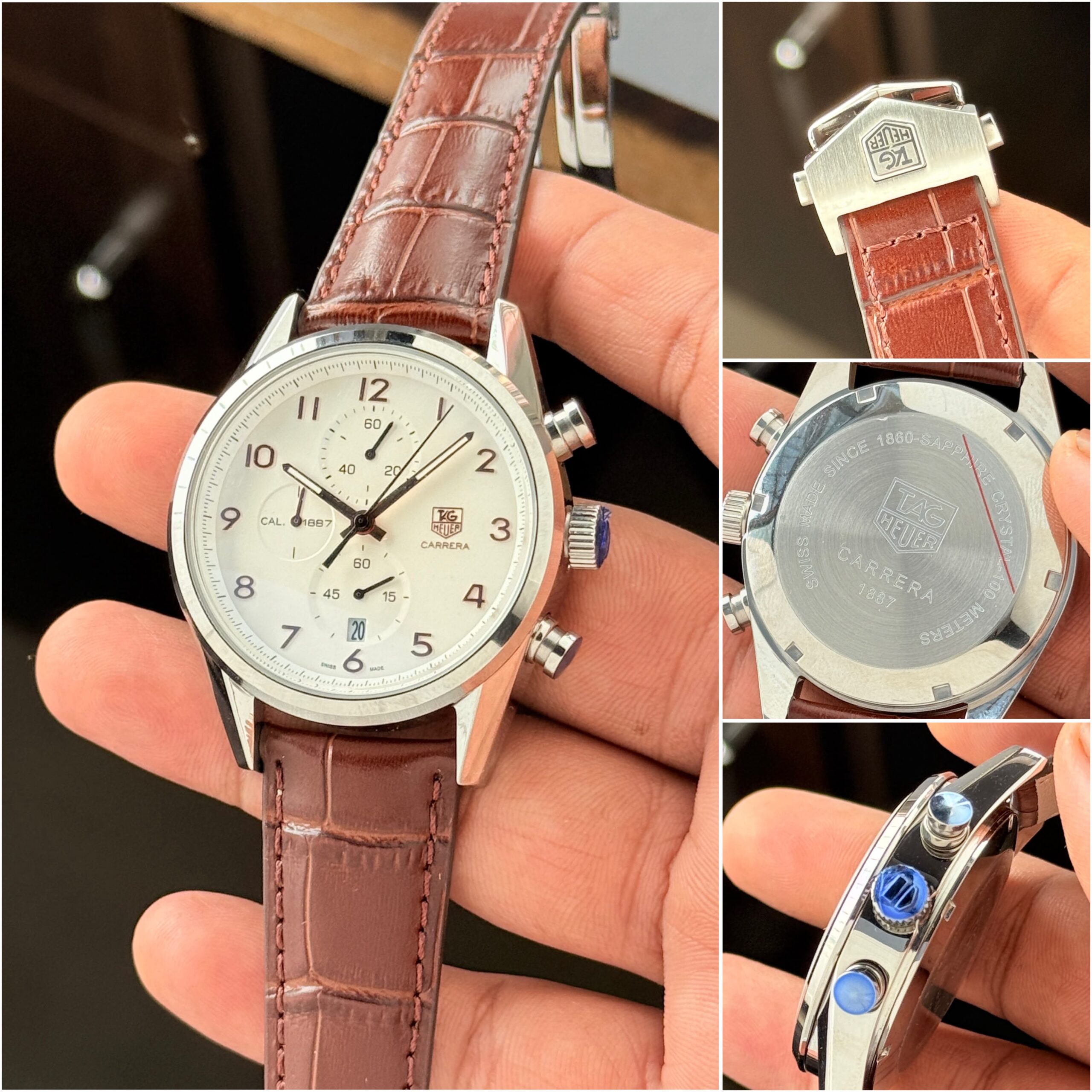 TAG Heuer Carrera Heritage 7AA Quartz Chronograph Men's Leather Strap Watch 4 TAG Heuer Carrera Heritage Case Back Clasp and Side Details