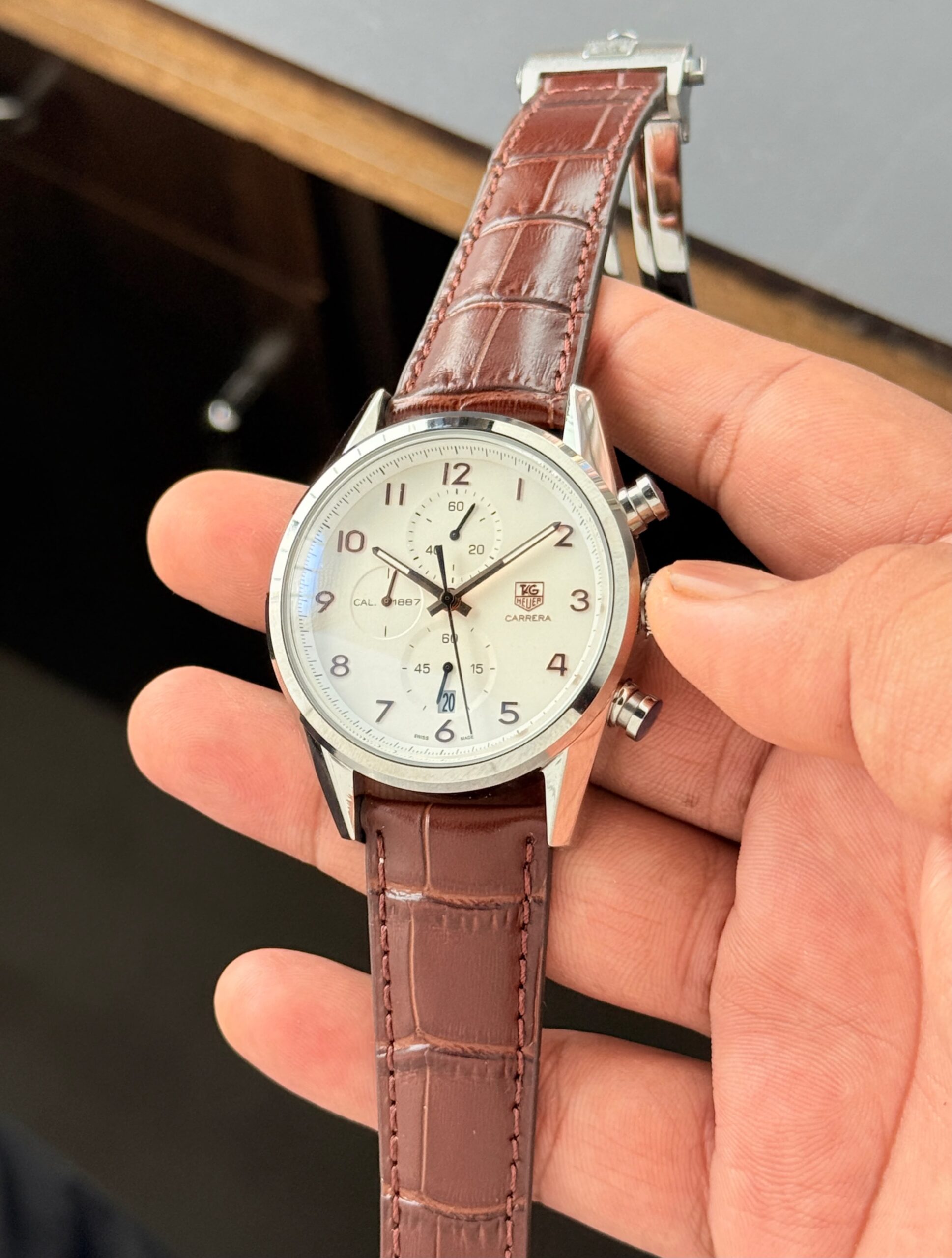 TAG Heuer Carrera Heritage 7AA Quartz Chronograph Men's Leather Strap Watch 1 TAG Heuer Carrera Heritage Silver Dial Brown Leather Strap Watch