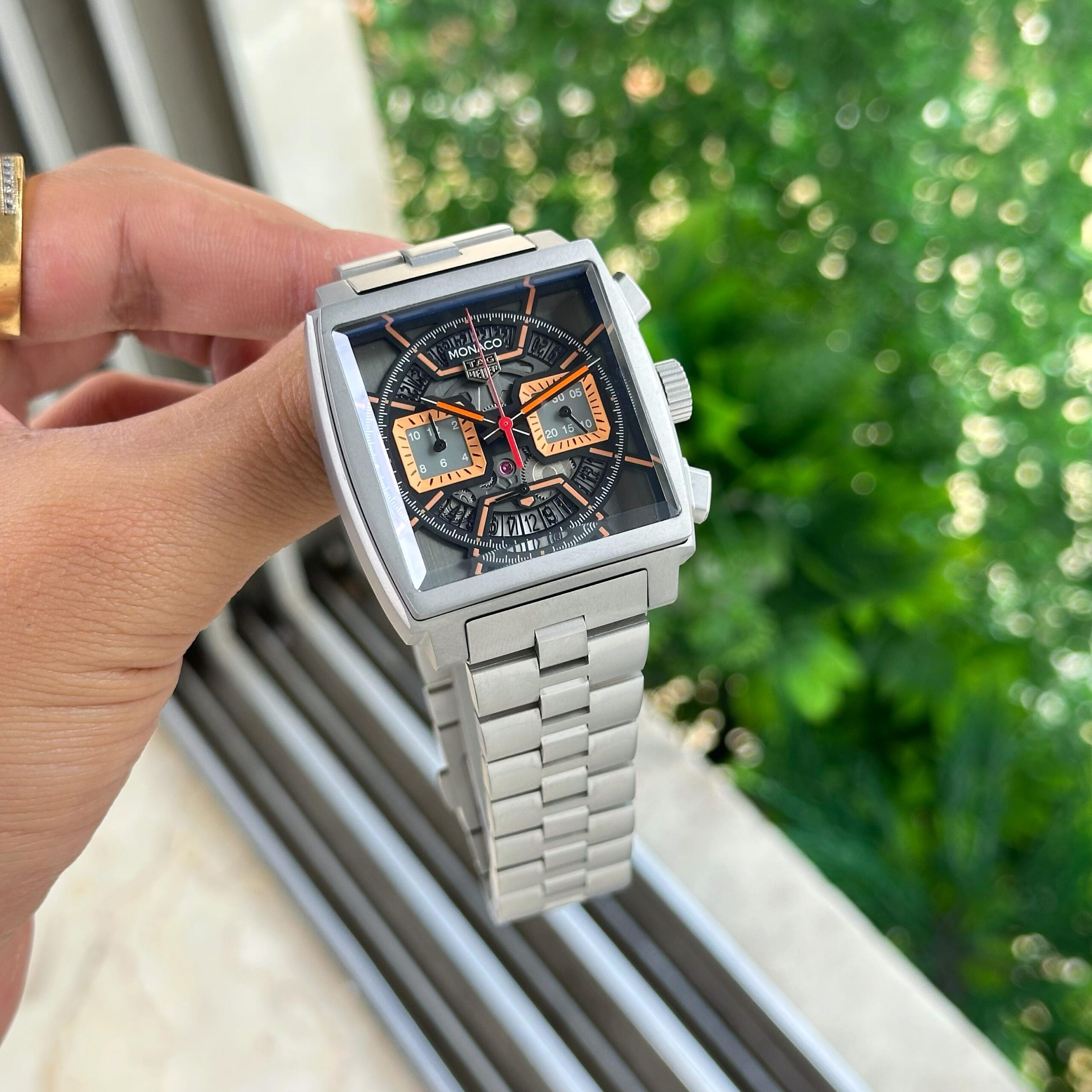 TAG Heuer Monaco 7AA Quartz Chronograph Men's Stainless Steel Watch 3 TAG Heuer Monaco Side Angle View