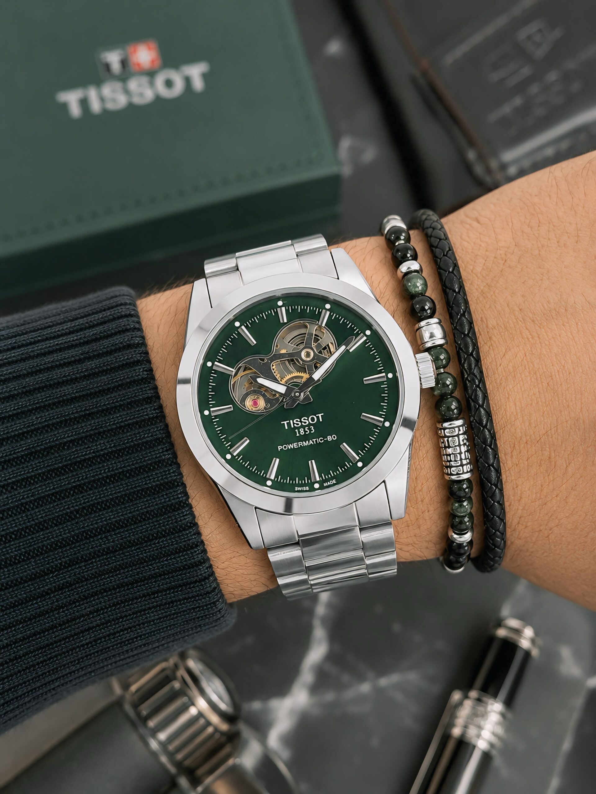 Tissot Gentleman Powermatic 80 Open Heart 7AA Automatic Men's Watch Green Dial 4 Tissot Gentleman Powermatic 80 green dial watch on wrist