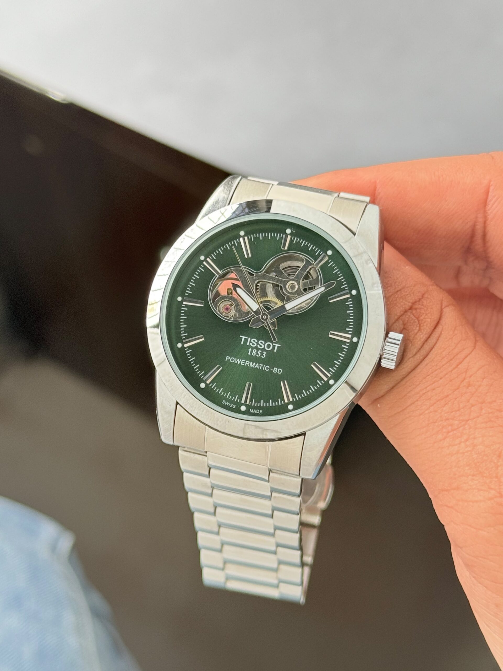 Tissot Gentleman Powermatic 80 Open Heart 7AA Automatic Men's Watch Green Dial 2 Tissot Gentleman green dial automatic watch in hand
