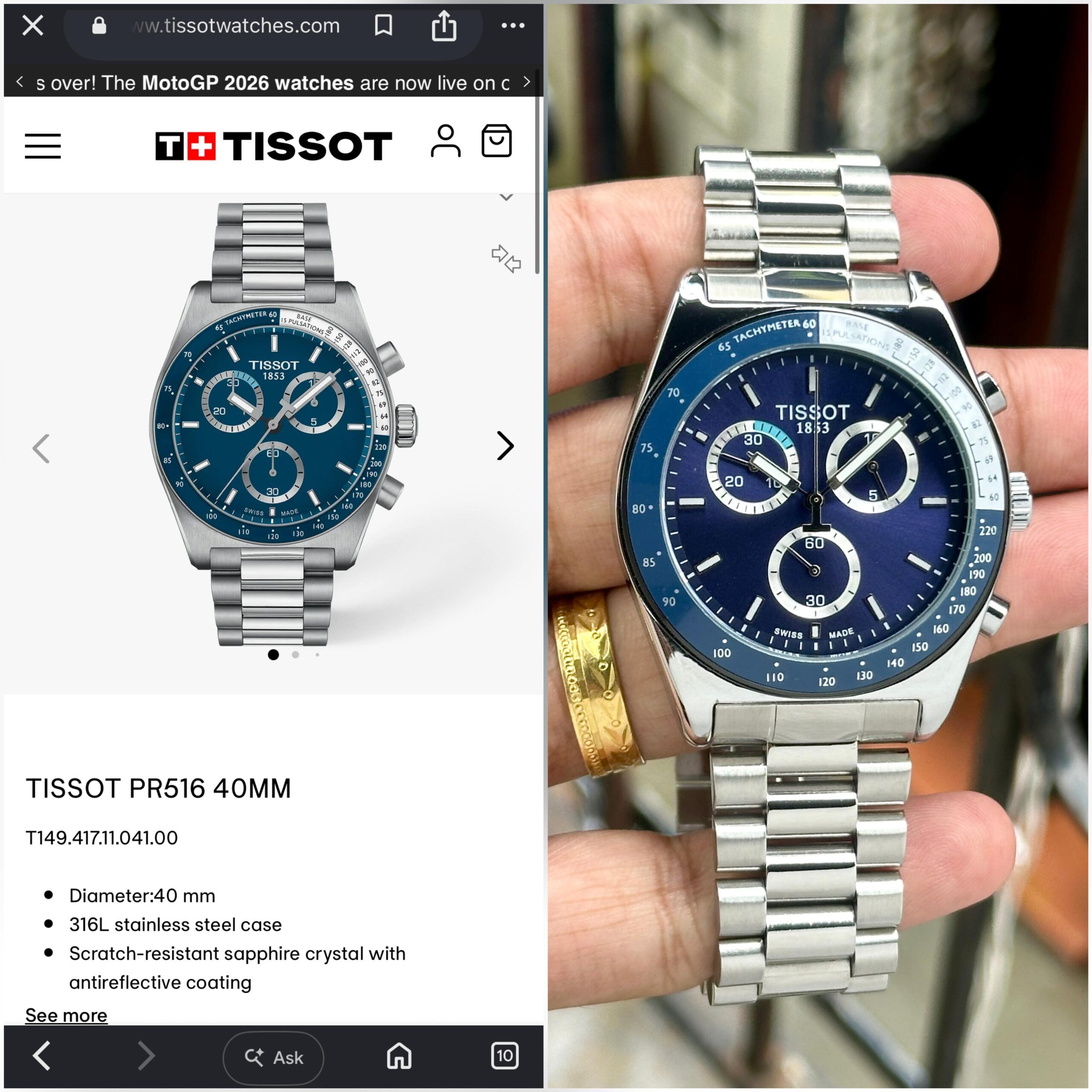 Tissot PR516 7AA Premium Chronograph Blue Dial Men's Watch | Stainless Steel 4 Tissot PR516 Blue Dial Comparison View