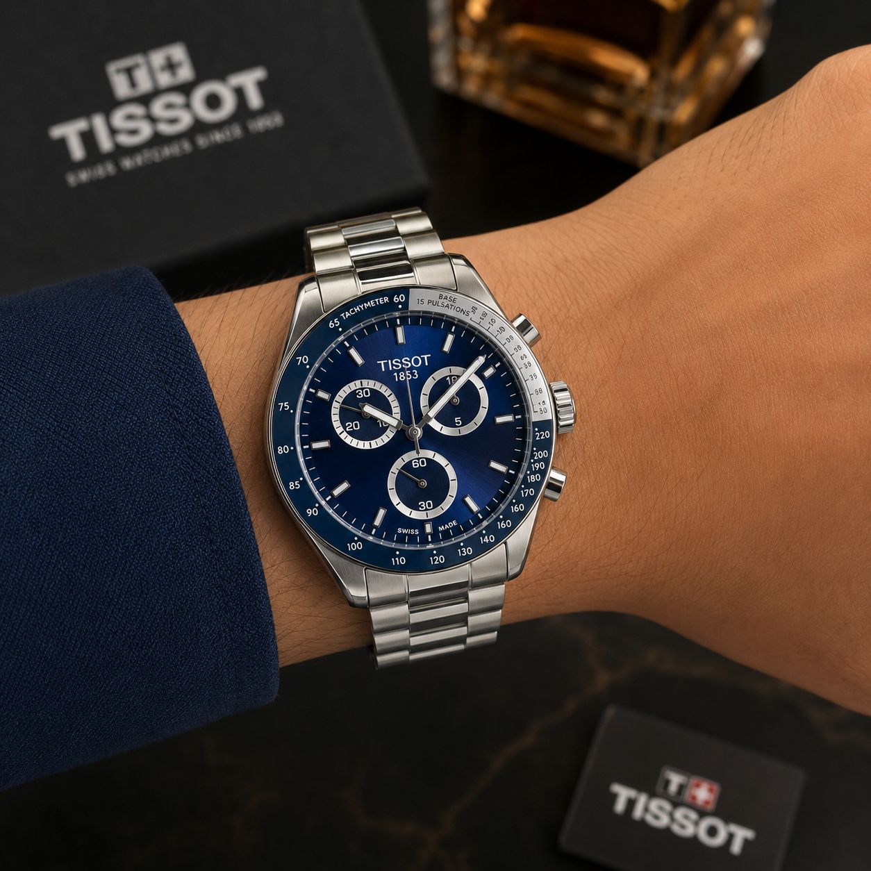 Tissot PR516 7AA Premium Chronograph Blue Dial Men's Watch | Stainless Steel 2 Tissot PR516 Blue Dial Wrist View