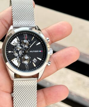 Tommy Hilfiger Baker Chronograph 7AA Black Dial Silver Mesh Strap Men's Watch Hand Shot