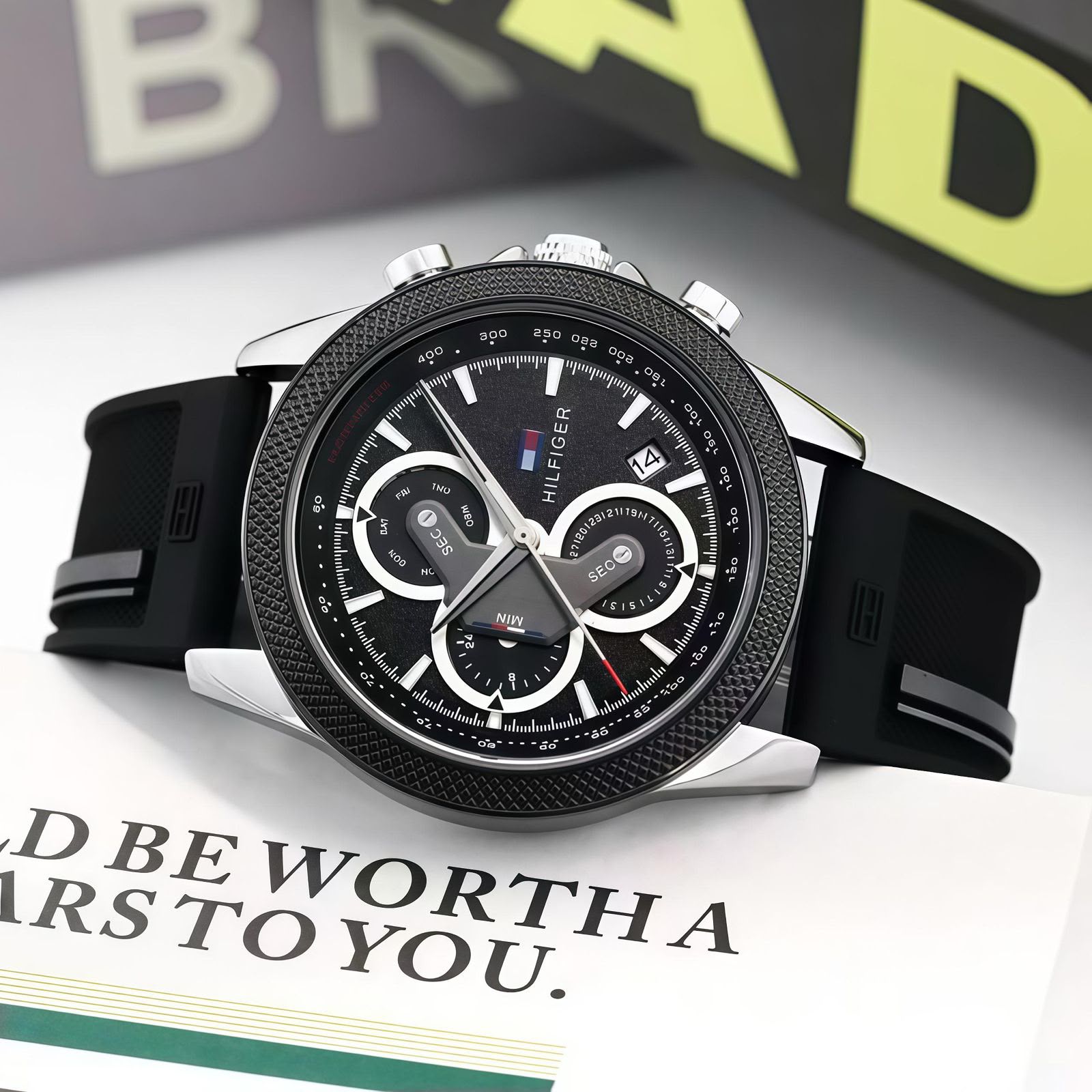 Tommy Hilfiger Clark Chronograph 7AA Quartz Men's Watch – Black Silicone Strap 2 Tommy Hilfiger Clark Chronograph 7AA Black Silicone Strap Watch studio View