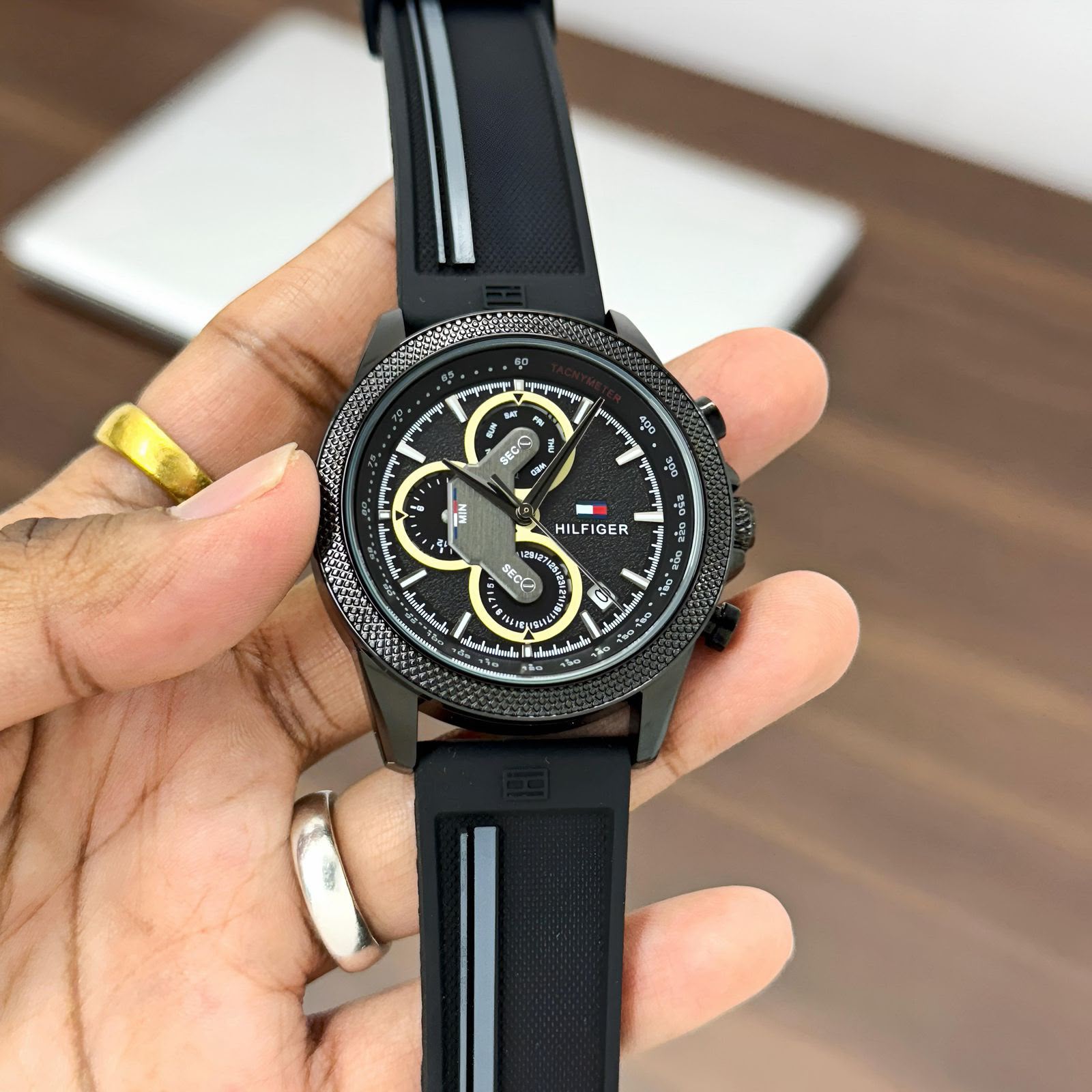 Tommy Hilfiger Clark Chronograph 7AA Quartz Men's Watch – Black Silicone Strap 1 Tommy Hilfiger Clark Chronograph 7AA Black Silicone Strap Watch Front View