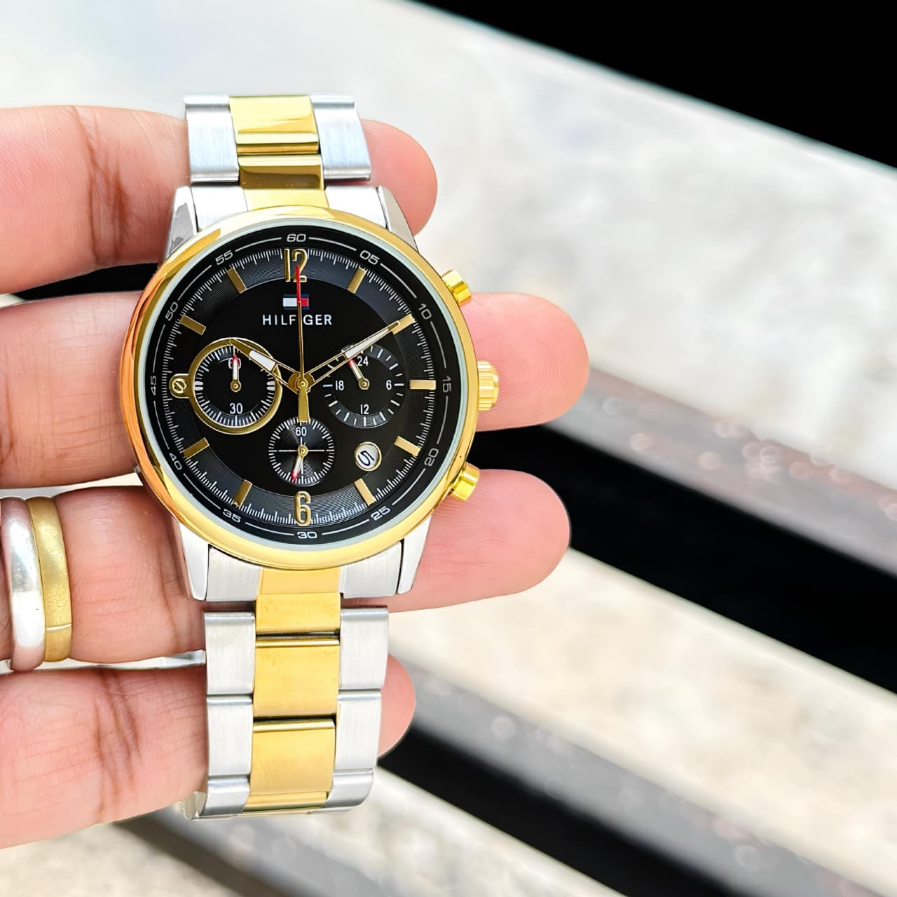 Tommy Hilfiger Evan Chronograph 7AA Premium Men's Watch | Black Dial | Two-Tone Stainless Steel 2 Tommy Hilfiger Evan Chronograph 7AA Premium Men's Watch | Black Dial | Two-Tone Stainless Steel - Image 2