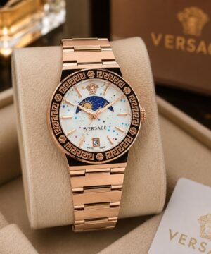 Versace Greca Logo Moon Phase 7AA rose gold watch with white dial