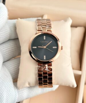 Calvin Klein twisted 7A black dial rose gold women's watch