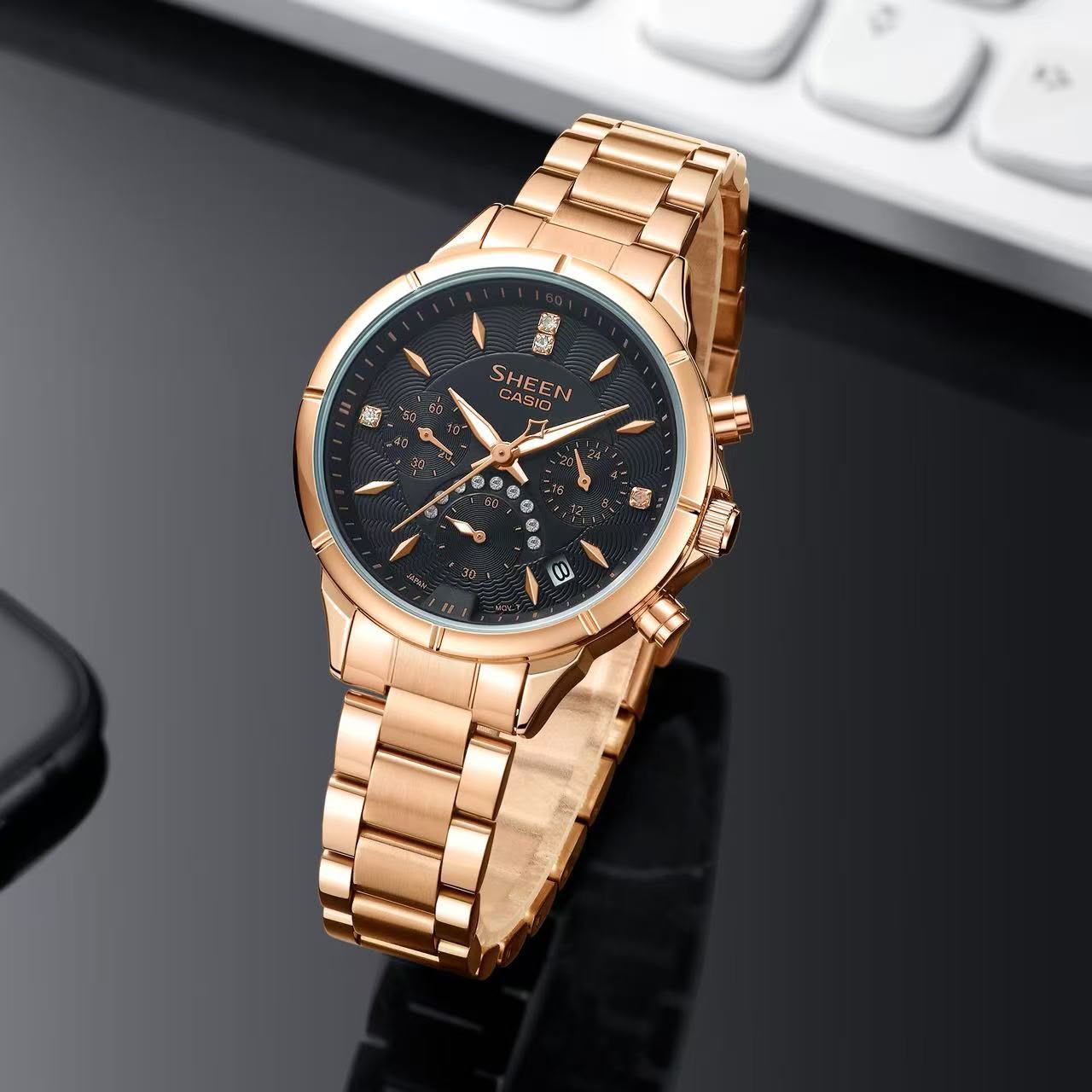 Casio Sheen 7AA Premium Quartz Chronograph Women's Watch – Rose Gold Black Dial 2 Casio Sheen 7AA Premium Quartz Chronograph Women's Watch – Rose Gold Black Dial - Image 2