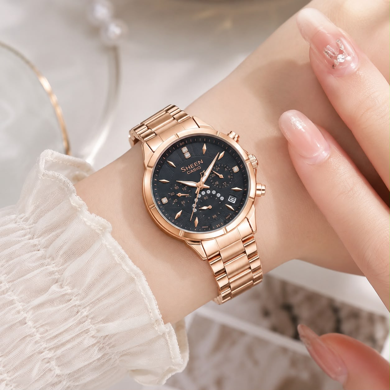 Casio Sheen 7AA Premium Quartz Chronograph Women's Watch – Rose Gold Black Dial 3 Casio Sheen 7AA Premium Quartz Chronograph Women's Watch – Rose Gold Black Dial - Image 3