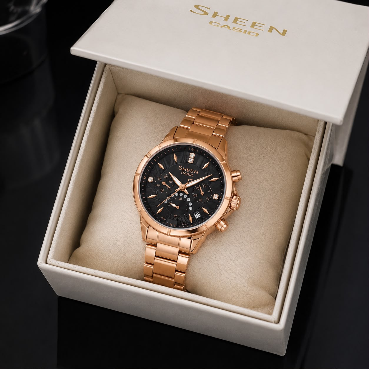 Casio Sheen 7AA Premium Quartz Chronograph Women's Watch – Rose Gold Black Dial 4 Casio Sheen 7AA Premium Quartz Chronograph Women's Watch – Rose Gold Black Dial - Image 4