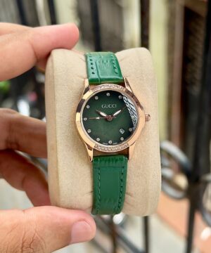Gucci Women Luxury Watch Green Dial Leather Strap