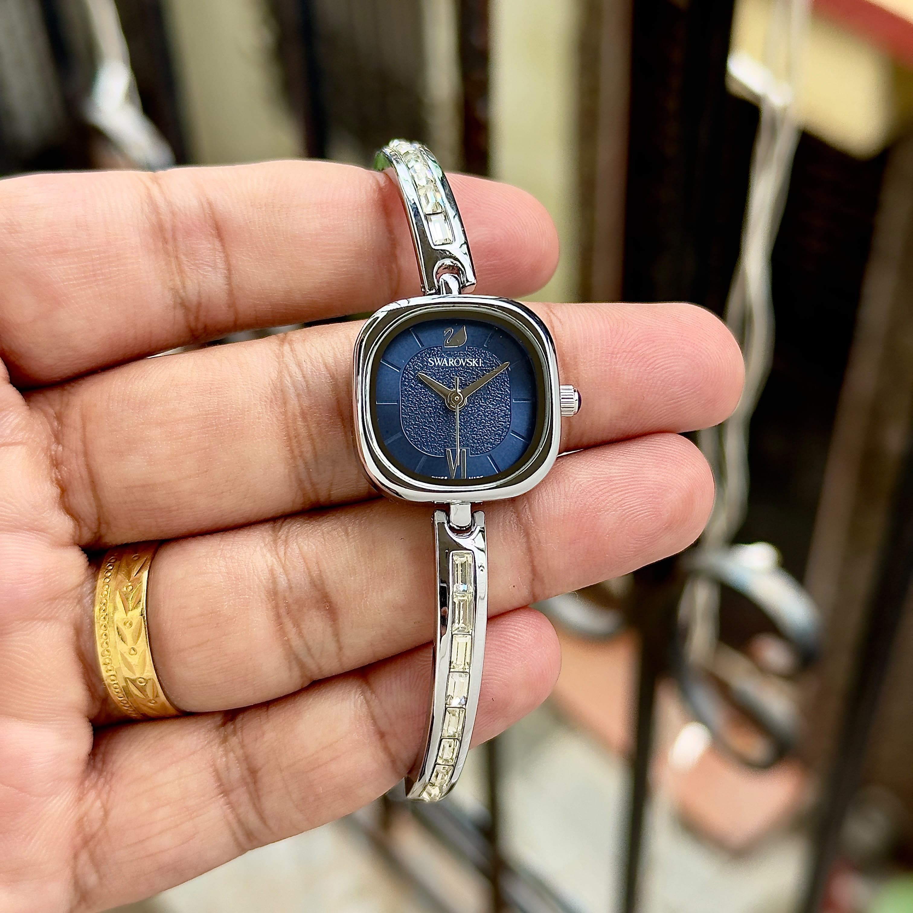 Swarovski Elegant Ladies Crystal Bracelet Quartz Watch 2 Swarovski Blue Dial Crystal Bracelet Ladies Watch hand view