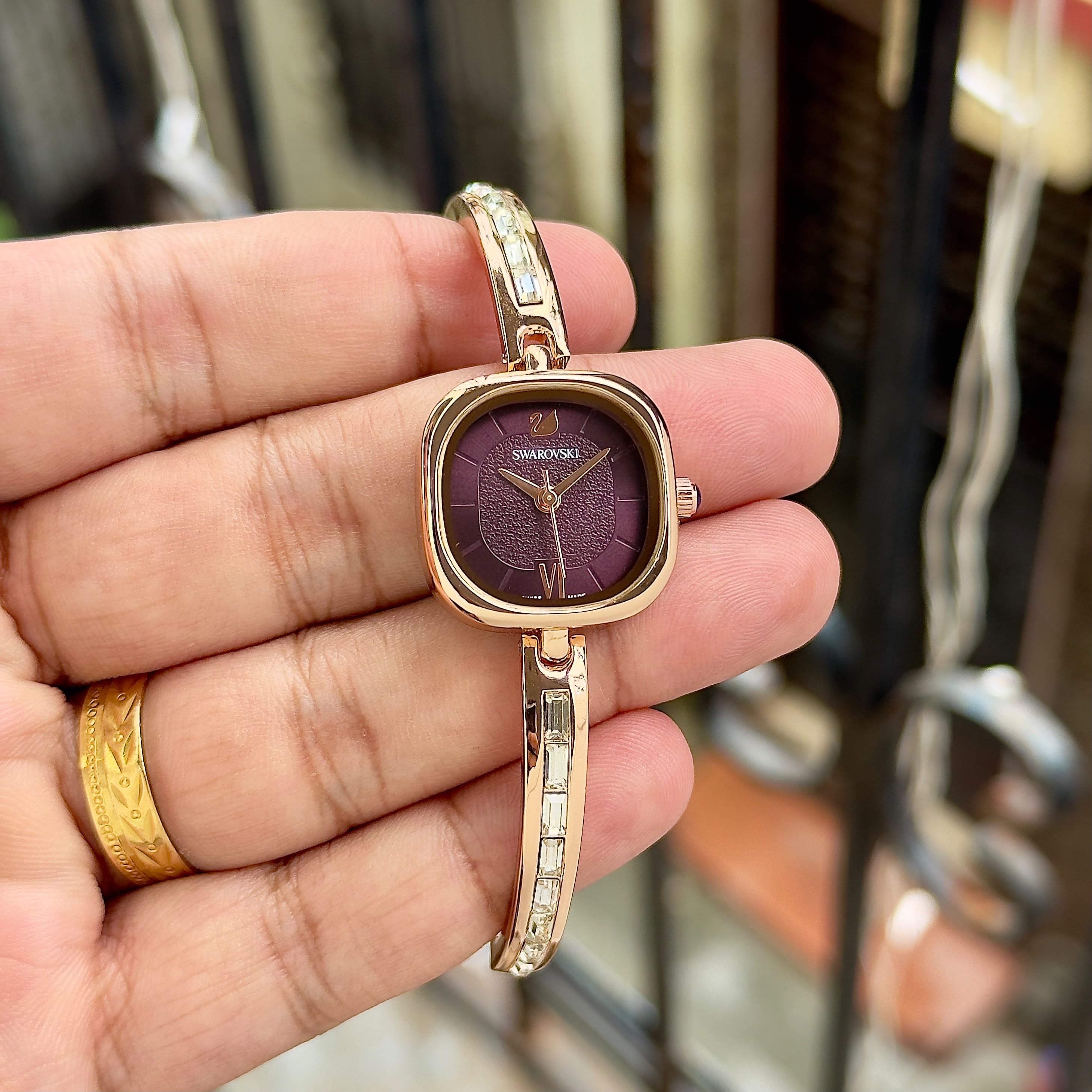 Swarovski Elegant Ladies Crystal Bracelet Quartz Watch 8 Swarovski Ladies Watch Purple Dial Gold Bracelet