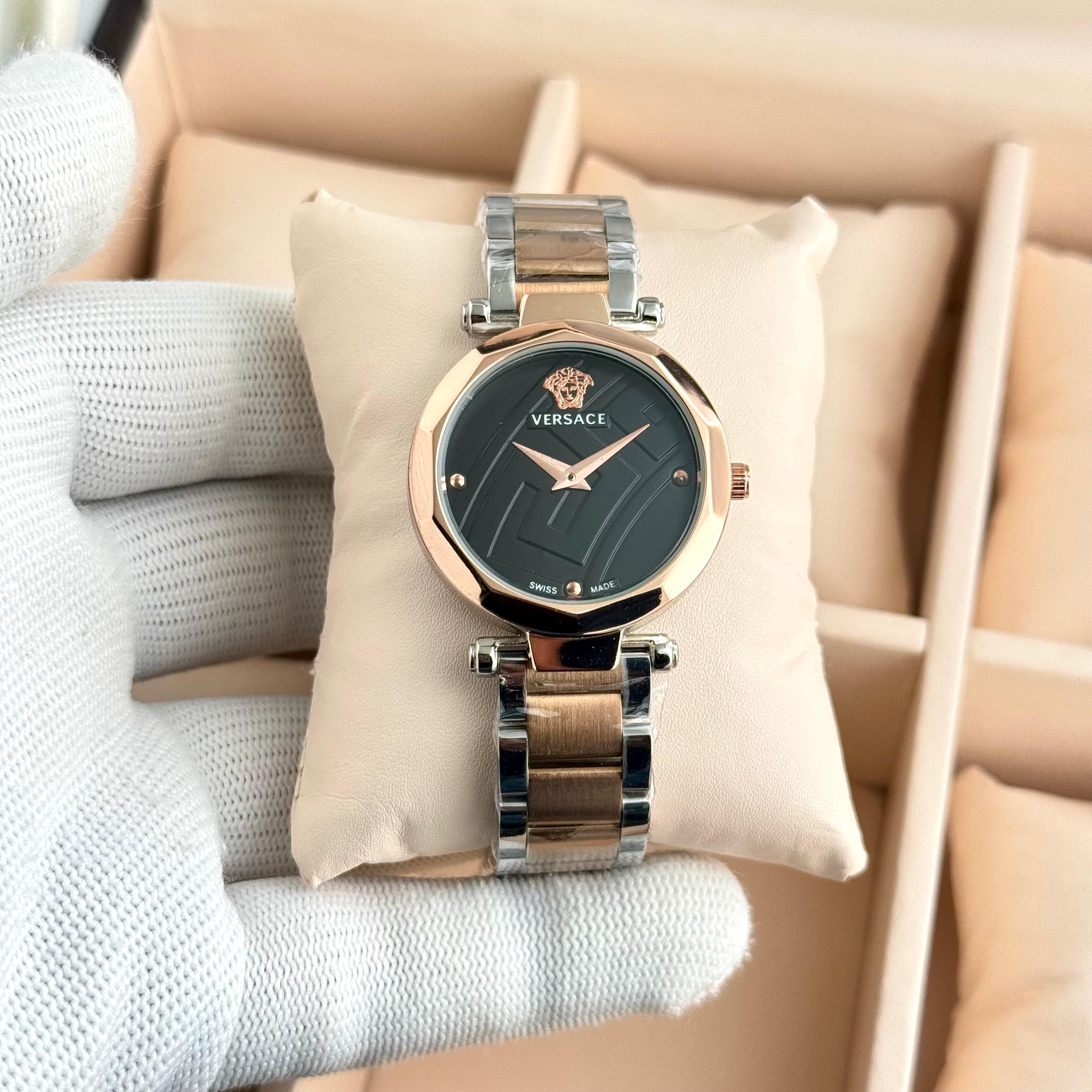 Versace 7A Premium Women's Watch Quartz Movement & Metal Strap 2 Versace 7A Women's Watch Black Dial